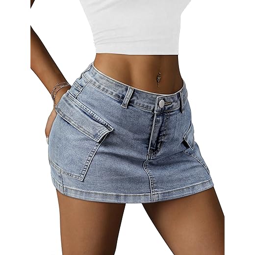 Womens Cargo Skirt Low Waist Button Denim Mini Skirt Summer Y2k Jean Skirt with Flap Pockets