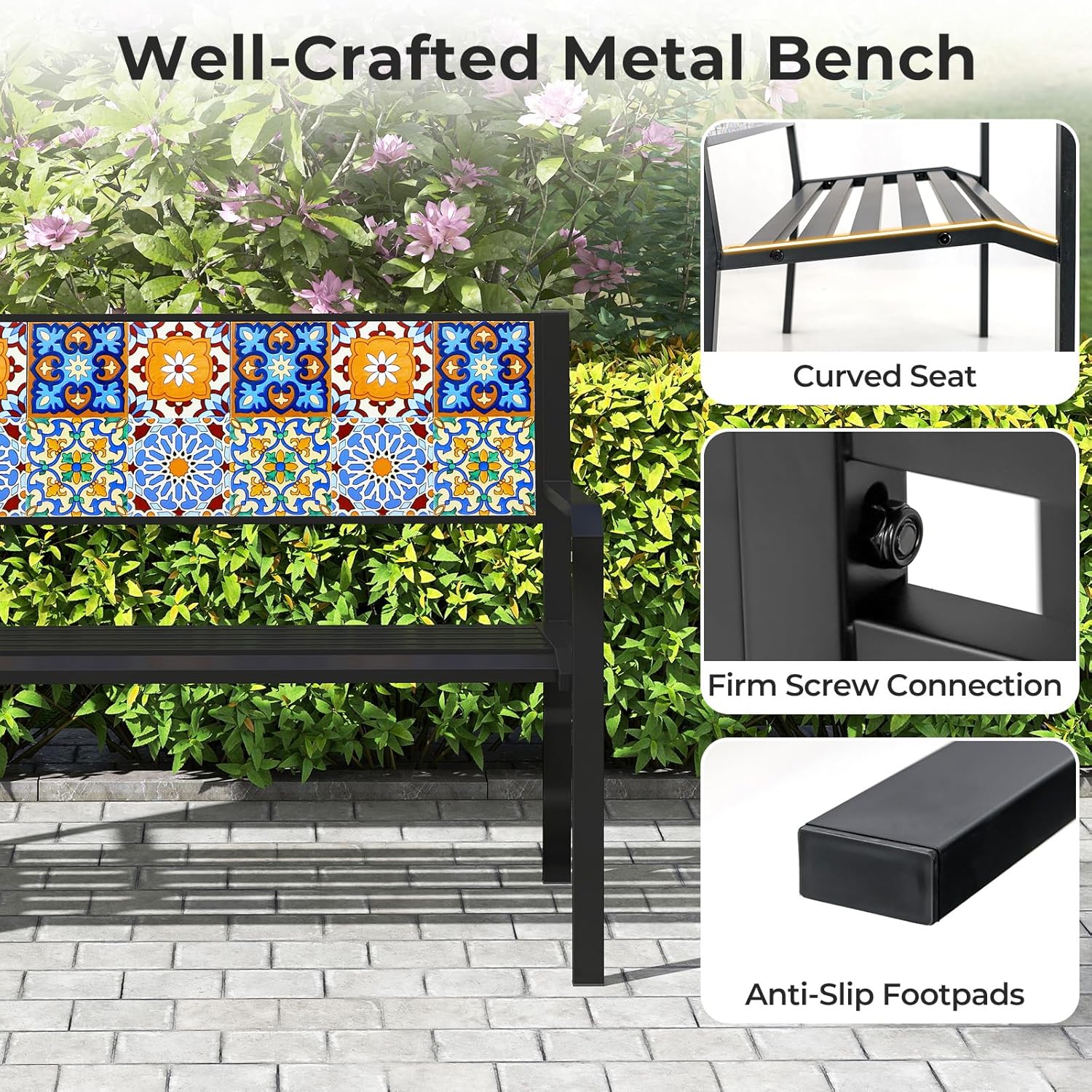 Tangkula 50" Metal Patio Park Bench, Modern Outdoor Classic Slatted Loveseat for 2-3 People with Curved Seat & Mosaic Backrest, Heavy-Duty Outdoor Seating for Backyard, Poolside, Porch