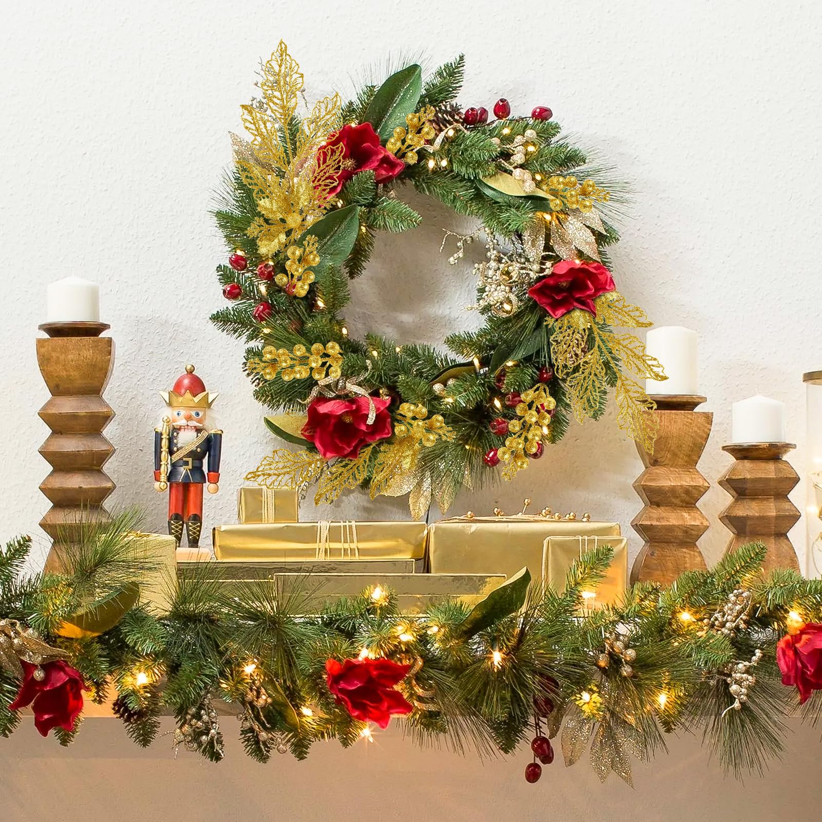 Alupssuc Künstliche Glitzer-Weihnachtsbaum-Picker, 12 Weihnachtssterne + 6 Beerenstiele + 6 Beerenblätter, Dekorationsset, für drinnen und draußen, goldfarben, 24 Stück