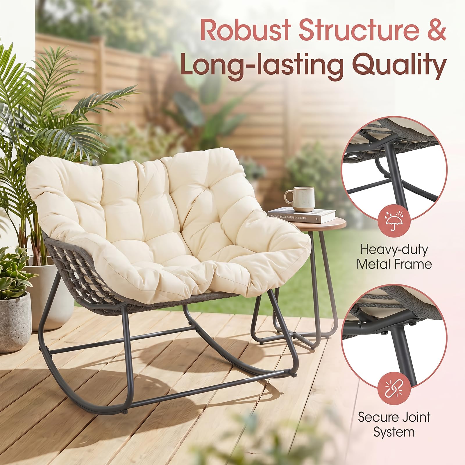 SOARS Fauteuil à Bascule de Jardin, Chaise à Bascule Papasan en Rotin avec Coussin Rembourré et Amovible, Cadre en Métal, Charge 150 KG, pour Intérieur et Extérieur, Salon Balcon Terrasse, Beige