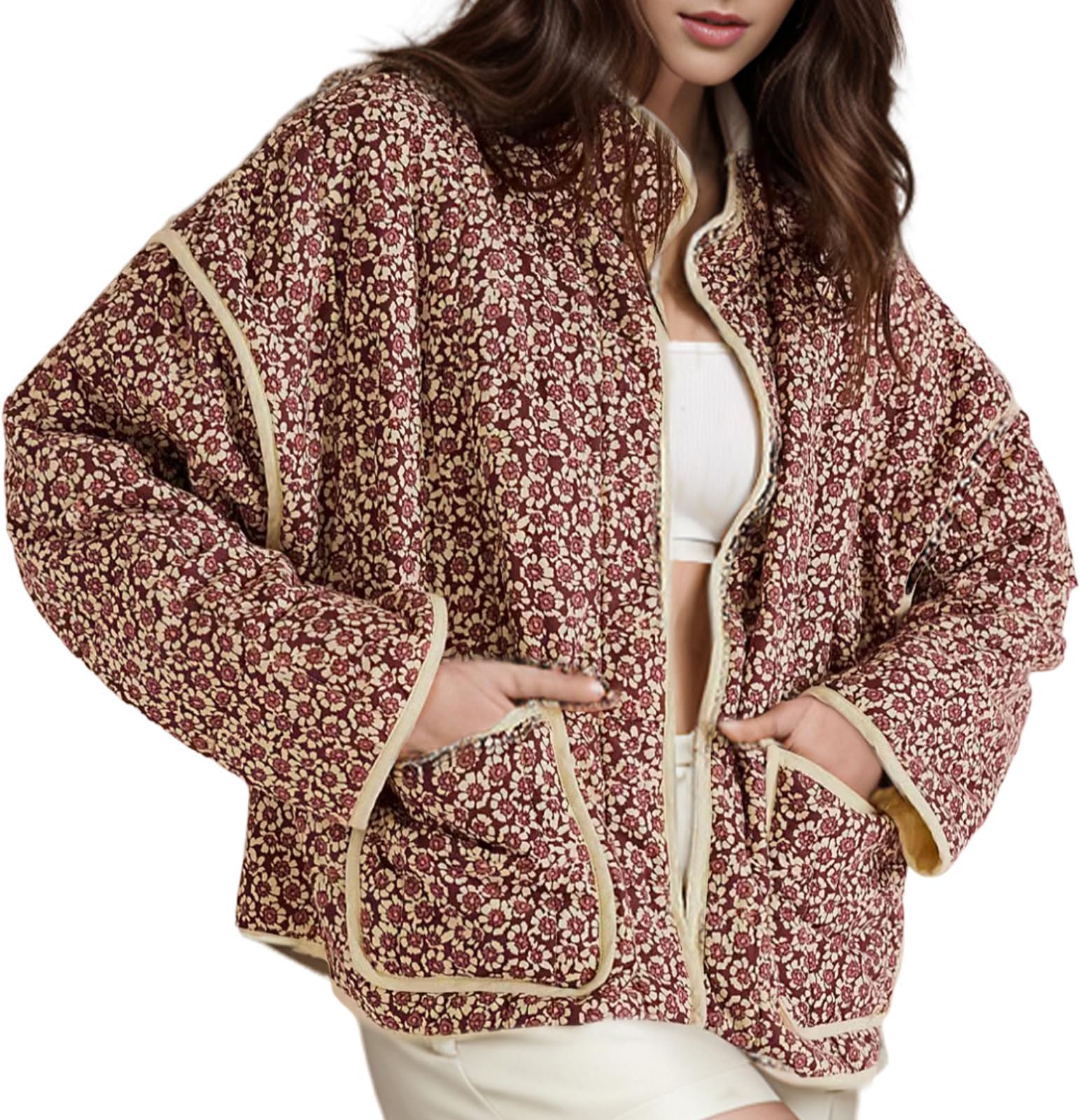 Women's Cropped Puffer Quilted Jacket Vintage Floral Print Open Front Lightweight Short Jacket Outerwear