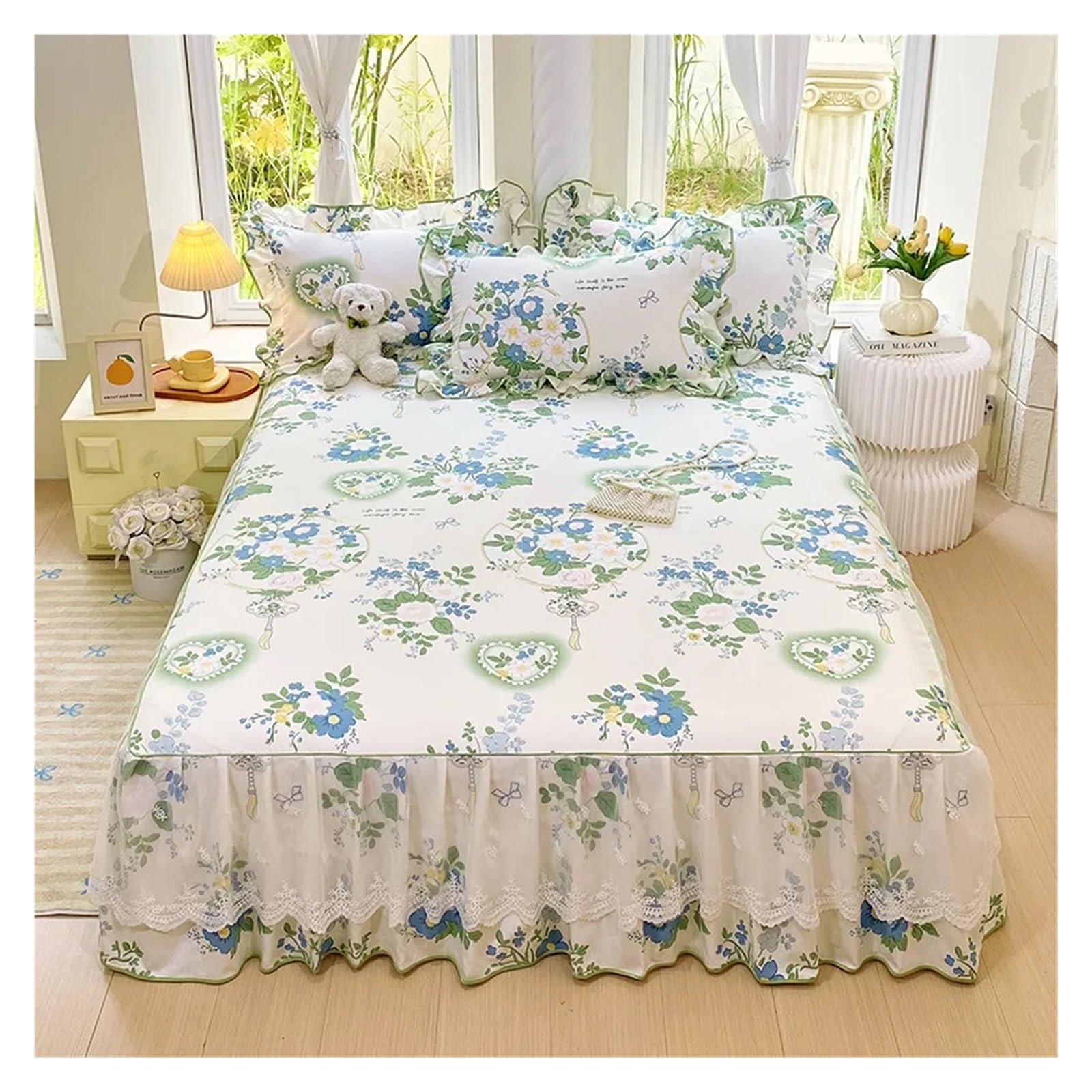 1pc Skin-friendly Bed Skirt Floral Style Bedspread Ruffles Bed Cover Mattress Protector No Pillowcase(Color-07,180x200cm 1pc)