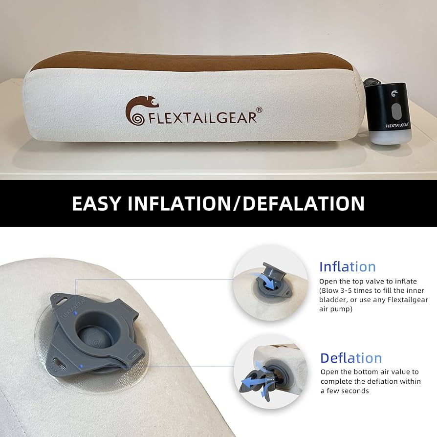 FLEXTAILGEAR Inflatable Camping Pillow With Neck Contour Ergonomic Travel Equipment With Removable Washable Separate TPU Cover For Camping Hiking Airplane Car Travel