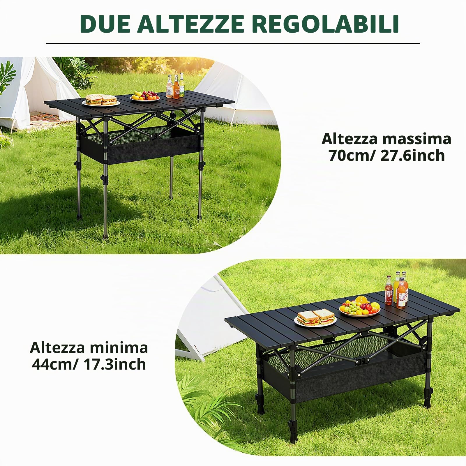 JiGiU Tavolo Pieghevole da Esterno 70 cm Nero Regolabile in Altezza-Design a Pacchetto Compatto con Rete Portaoggetti, per Campeggio, Giardino, Spiaggia e Picnic
