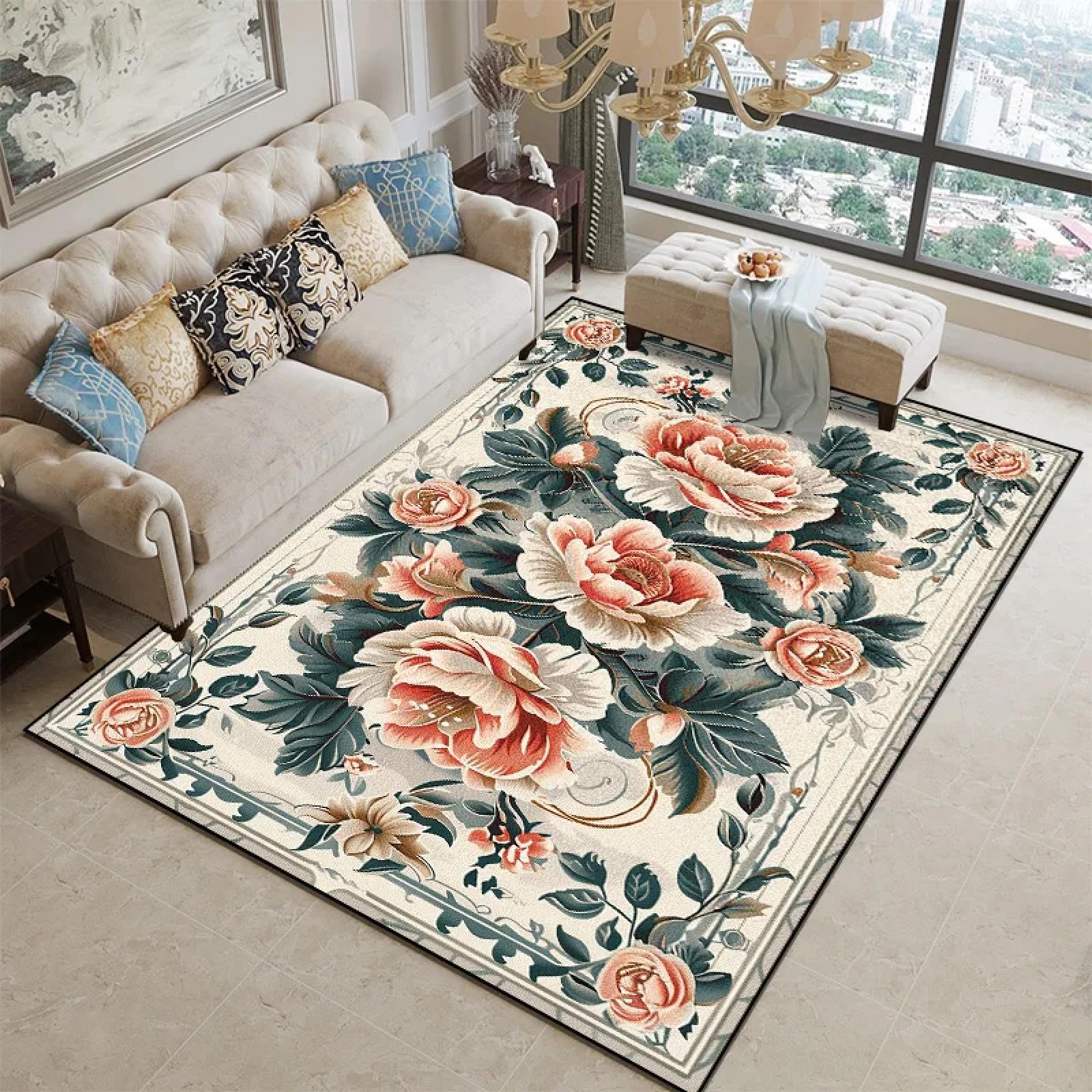 Grand tapis floral de luxe 200x250 cm en flanelle douce pour grand salon chic