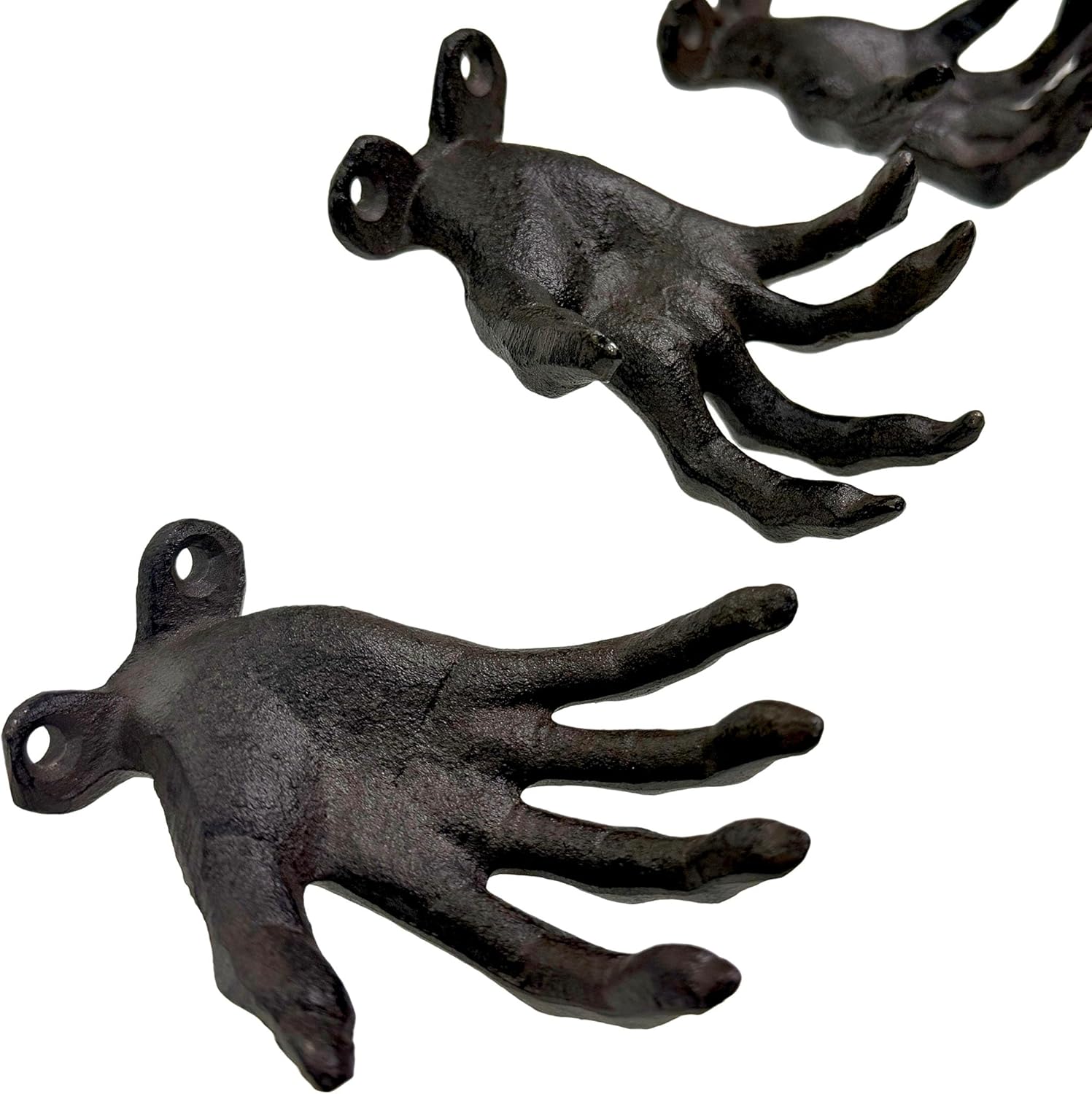 Zeckos Set of 3 Cast Iron Creepy Hand Decorative Wall Hooks, Antique Black Distressed Gothic Decor for Light Items, 2.25 x 3.25 x 4 Inch, Indoor Entryway, Bedroom, Jewelry and Keys