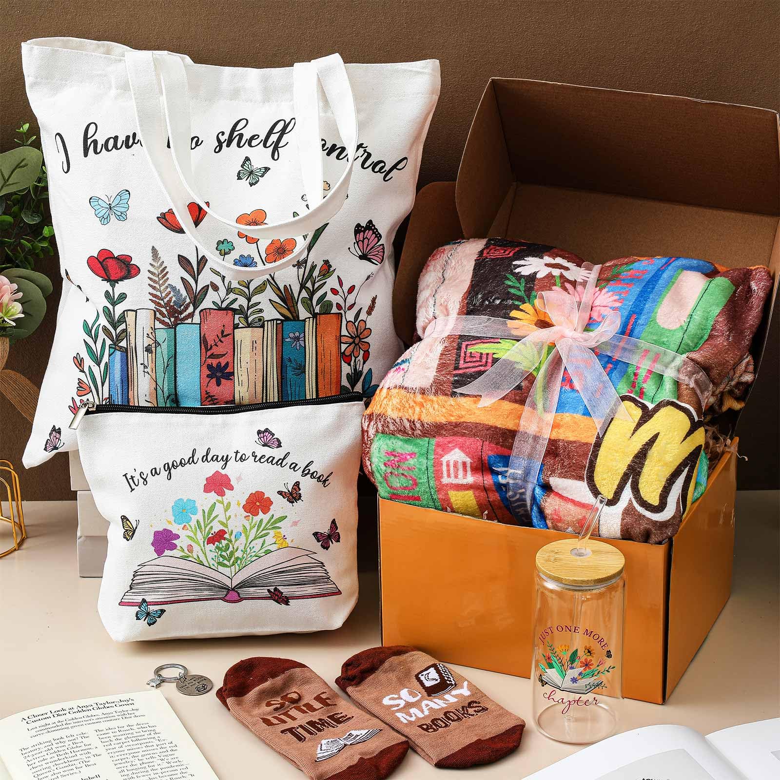 Paterr 6 Pcs Book Lover Gifts for Women, Mother's Day Book Club Gifts for Bookish, Canvas Tote Bag Makeup Bag Print Blanket Socks 16oz Glass Coffee Cup with Straw Cute Keychain for Librarian Birthday