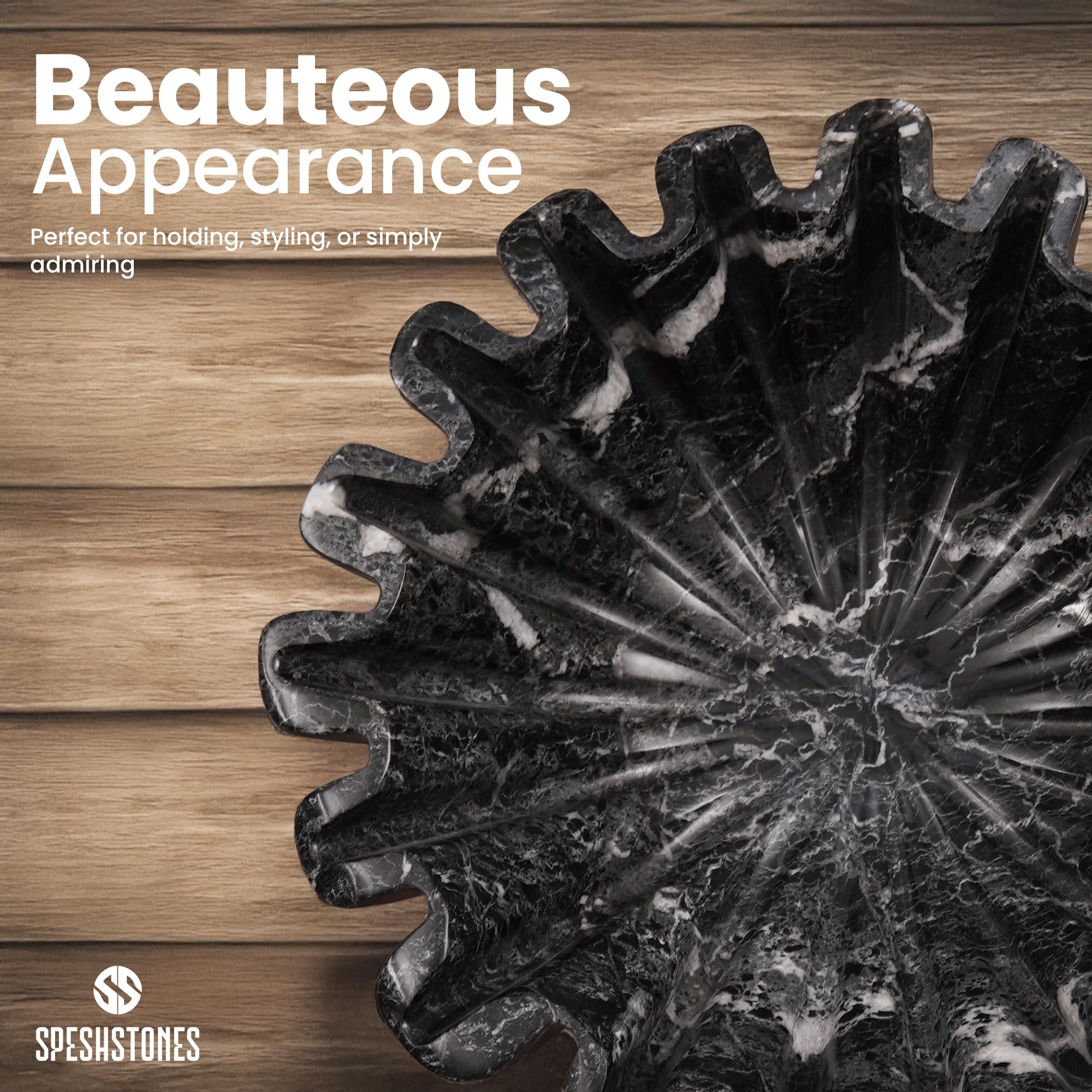 SPESHSTONES Grand Bol Décoratif en Marbre Noir 25,4 cm, Coupe Ondulée Festonnée Fait Main pour Décoration Maison, Corbeille à Fruits Moderne pour Plan de Travail, Bol Cannelé en Pierre