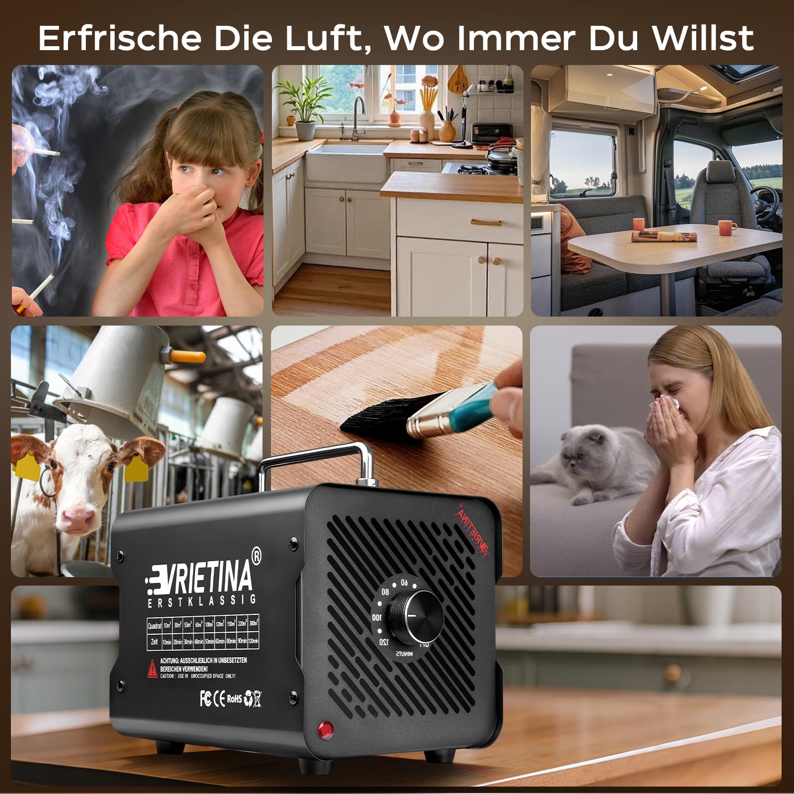 O3 Ozongenerator 100000mg/h, 120Min Timer, f. Auto Wohnung Haustier Küchen | bis 300㎡, 35dB, Industrieller Ozongerät Ozonisator Ozon Luftreiniger Geruchskiller Geruchsneutralisierer