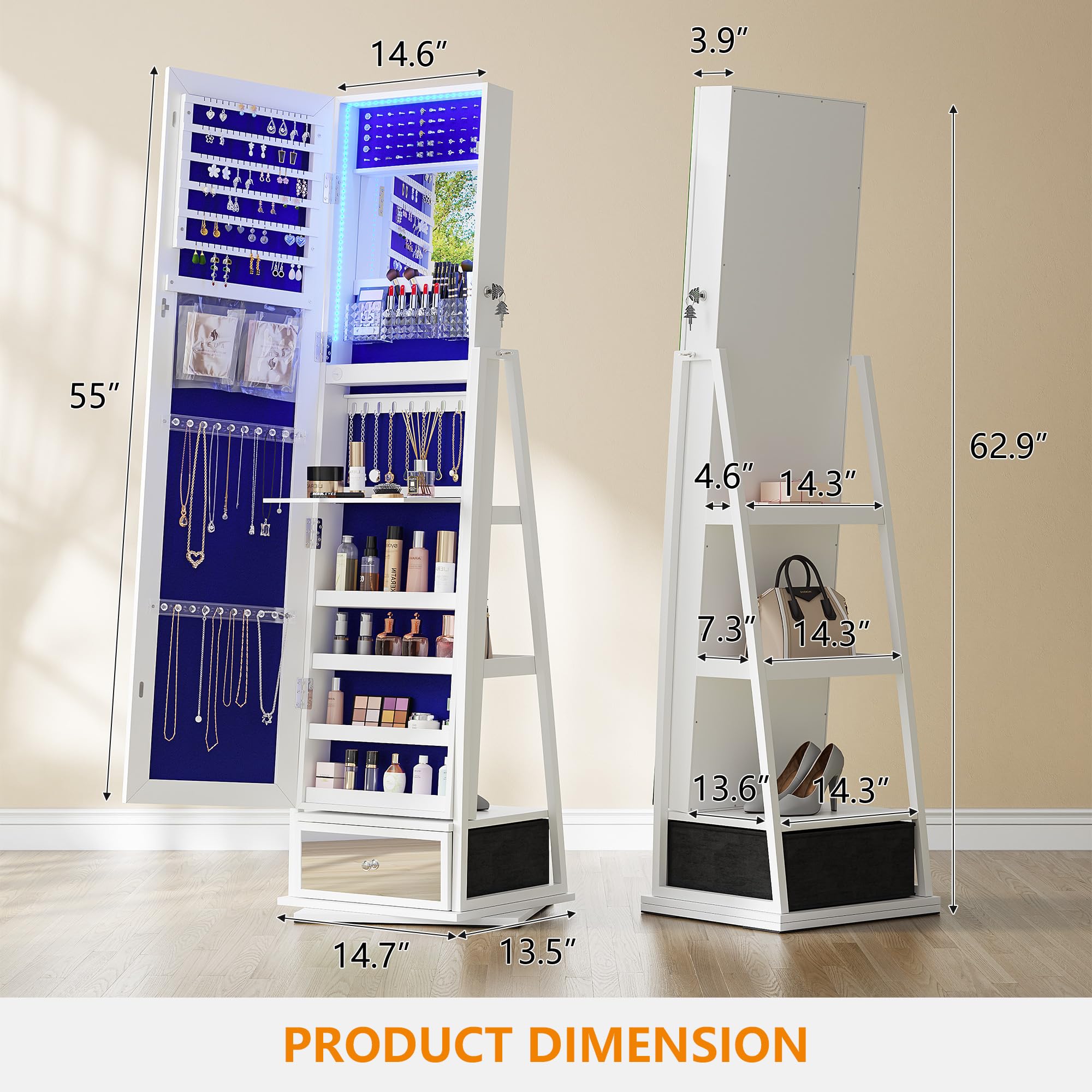 Dystler 360° Swivel Jewelry Cabinet with LED Light - Rotatable Standing Full-Length Mirror with Storage and Drawer, Lockable Jewelry Armoire Organizer for Girls/Women Gifts, White