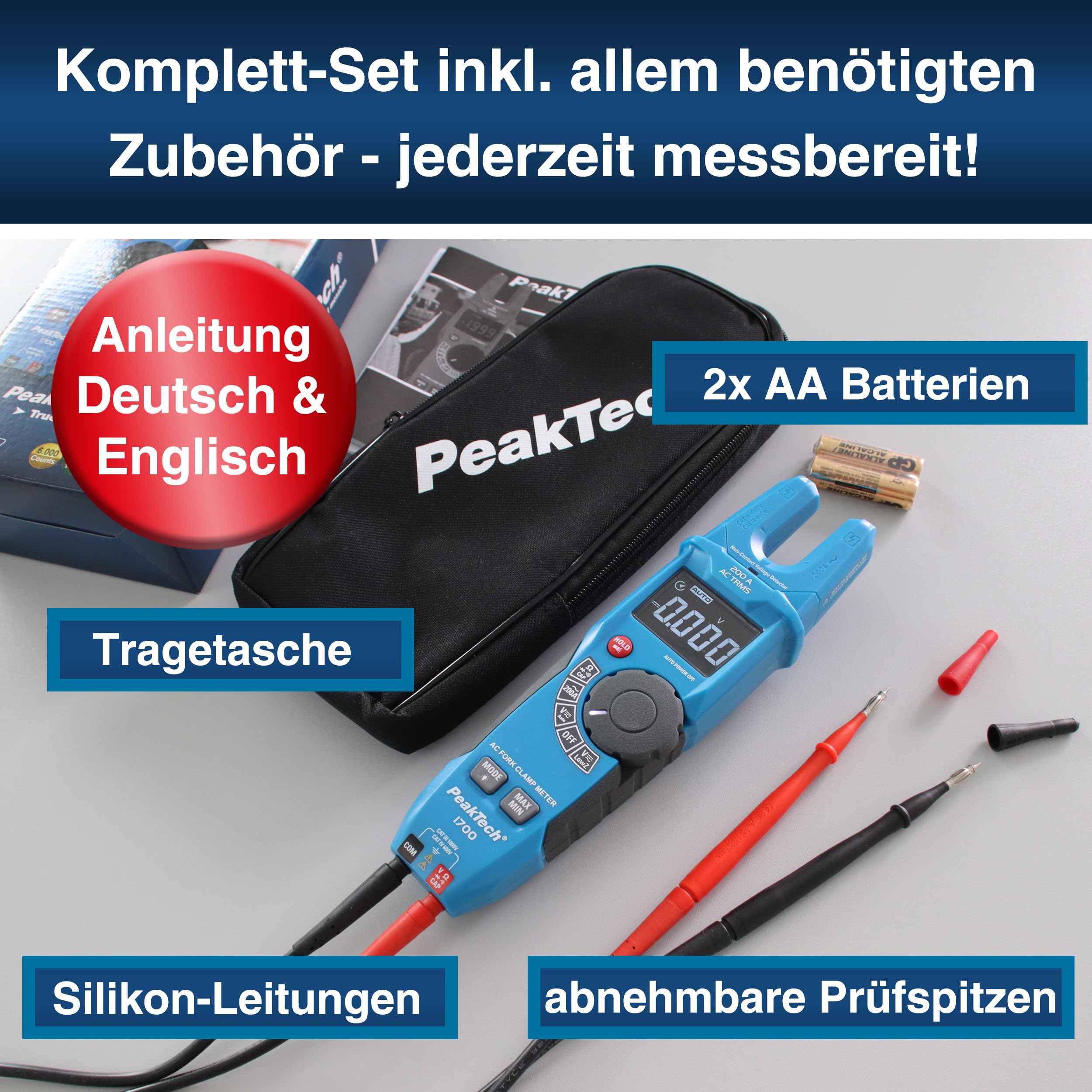 PeakTech P1700, Pinza amperometrica a vero valore efficace 200 A CA, Amperometro a pinza con display LCD, Pinza amperometrica aperta con rilevatore di tensione, voltmetro senza contatto