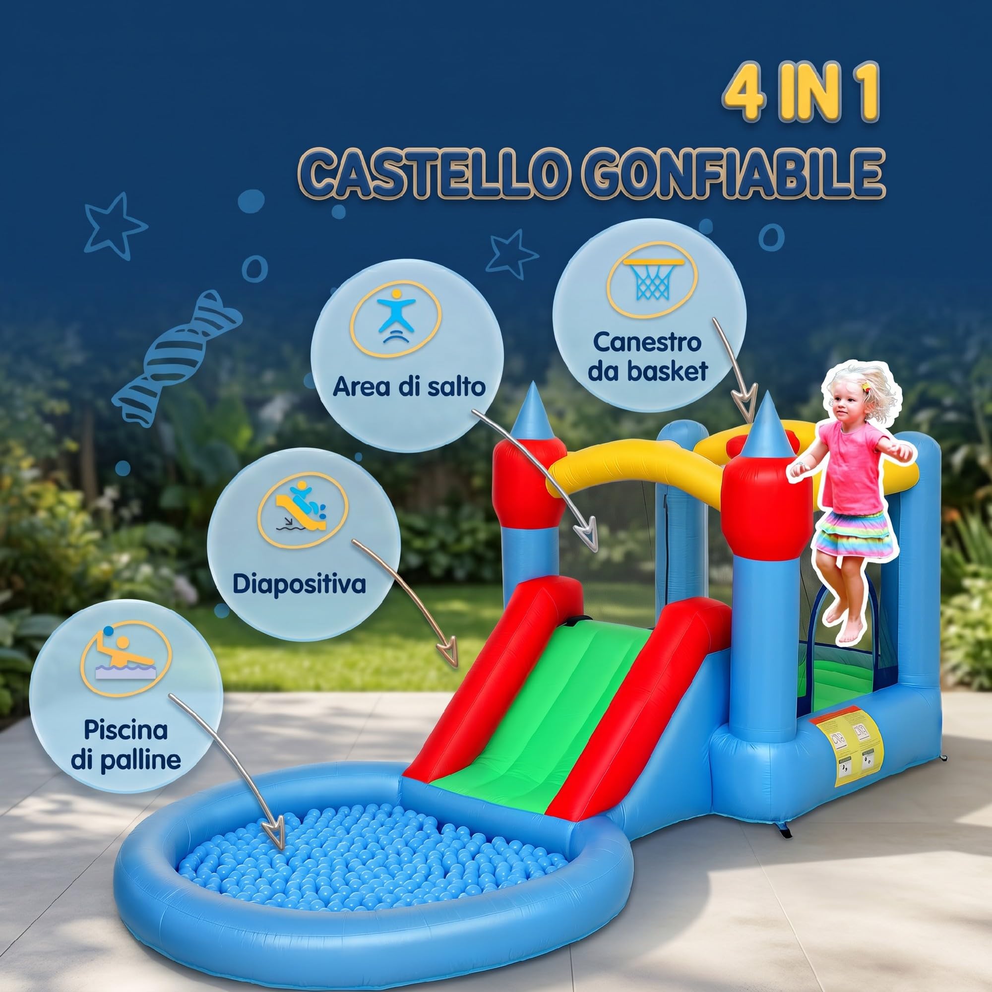 AIYAPLAY Castello Gonfiabile per Bambini 4 in 1 con Scivolo, Trampolino, Piscina Palline, Canestro, Borsa da Trasporto e Soffiatore, per Interni ed Esterni, adatto a 3-8 Anni, 415x205x190 cm