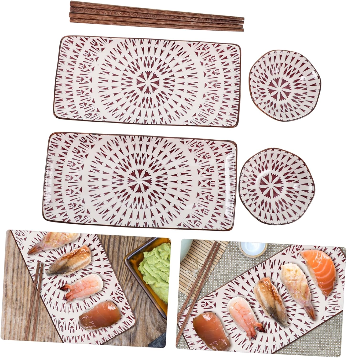 Mikinona 2sets Japanese Sushi Plate Set Sashimi Plates Sauce Bowls Chopsticks Elegant Dining Tray for Sushi Snacks Desserts for Family Gatherings and Parties