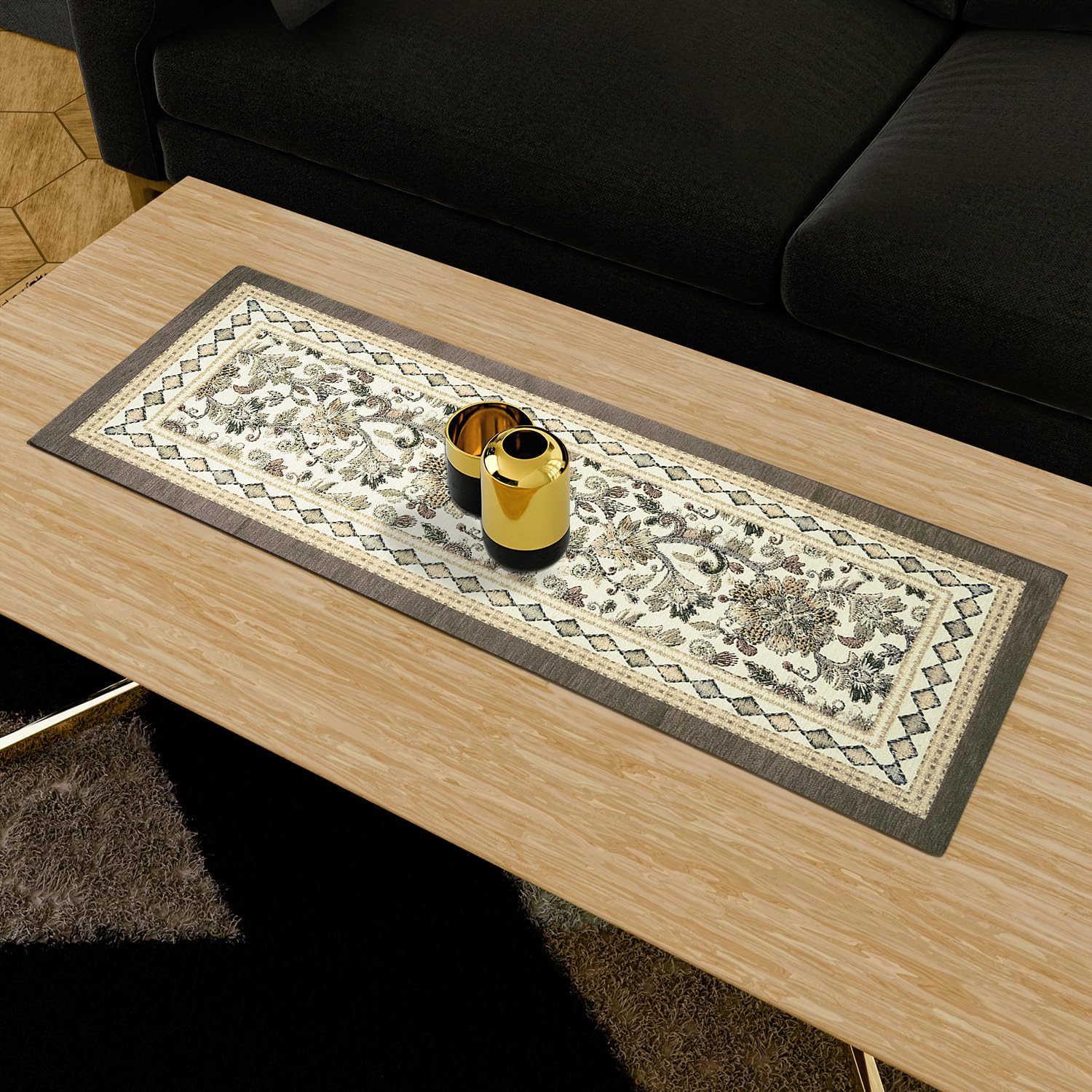 Velvet Table Runner - Embroidery Flower Print -1