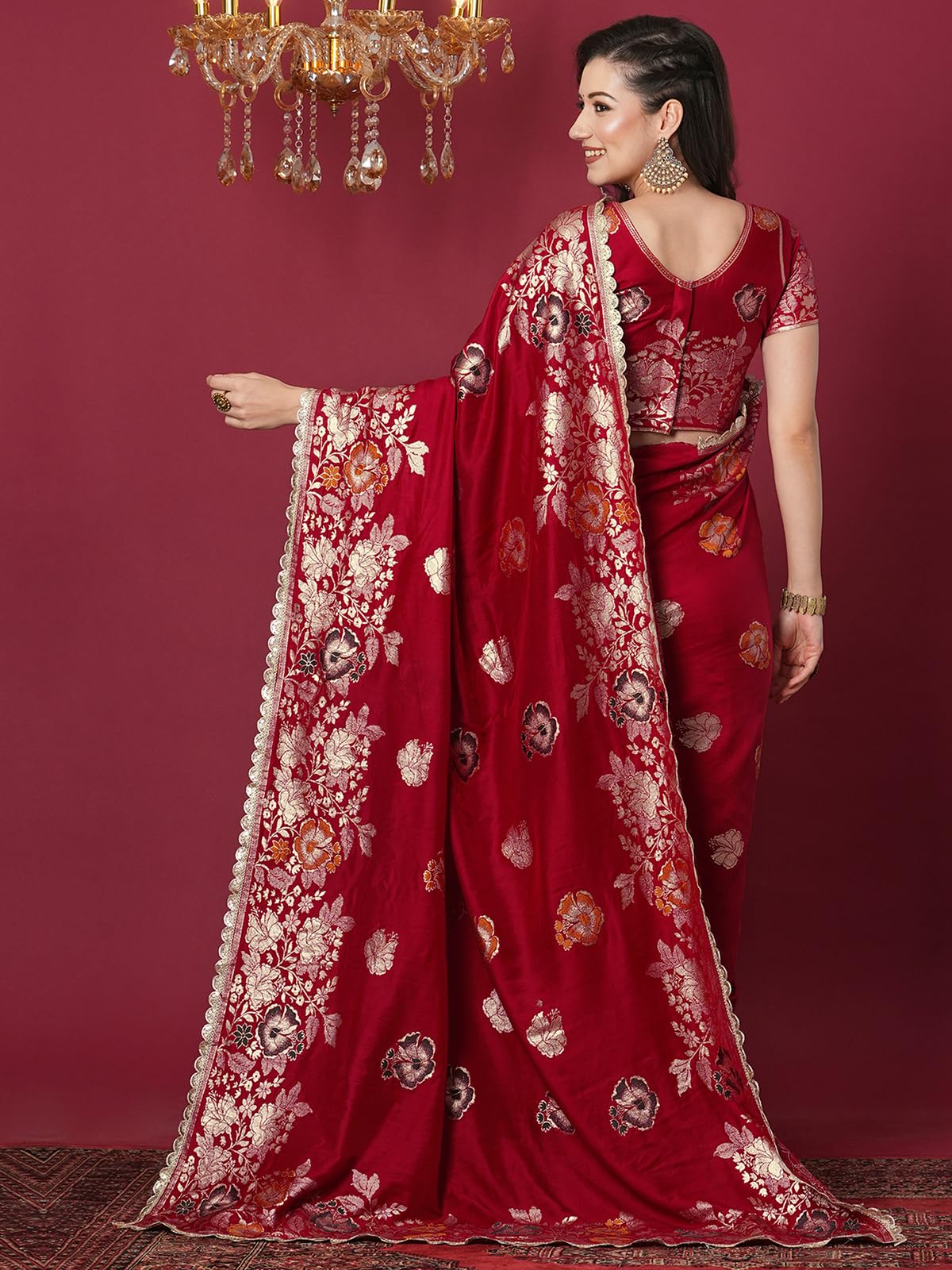 Satrani Women's Cotton Silk Banarasi Jacquard Saree With Unstitched Blouse Piece (4067S6420N_Red)