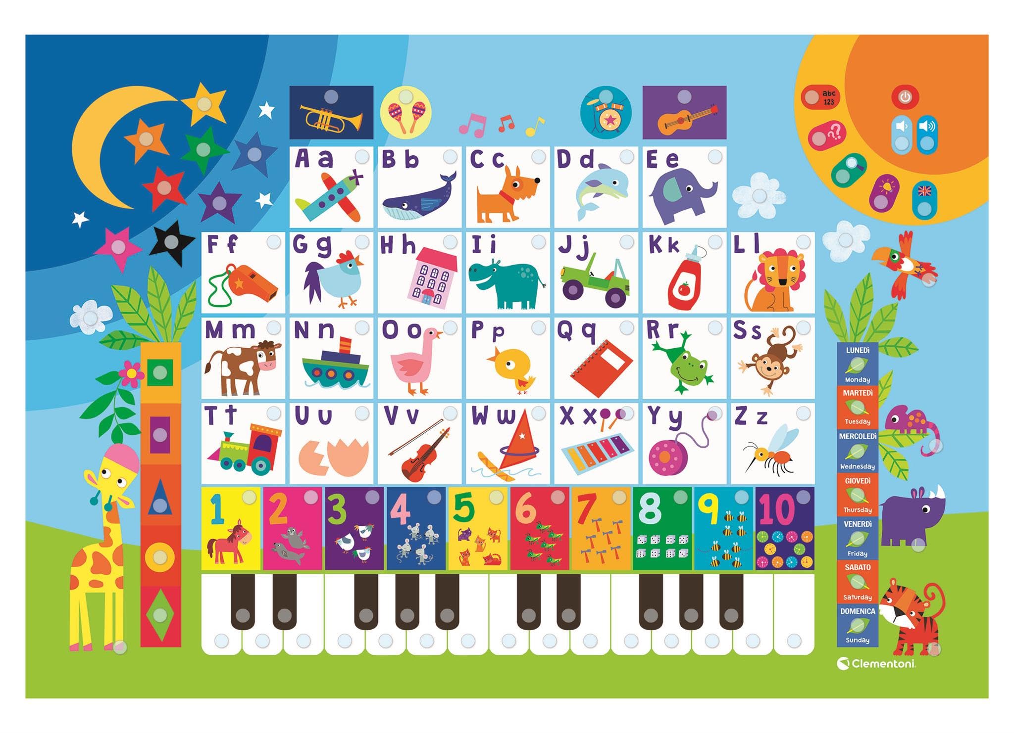 Clementoni - Sapientino Alfabeto Parlante, Poster Elettronico Educativo Bilingue Italiano Inglese per Bambini 3-5 Anni, 26 Lettere e Numeri Interattivi, Parole Musica e Quiz, 16665