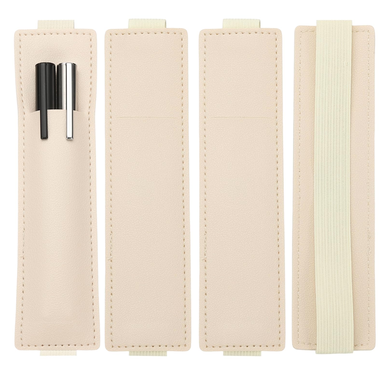 PATIKIL 4Pcs Elastic Notebook Pen Holder, Adjustable Hold 2 Pen Holder PU Leather Pencil Sleeve Pouch for Journal Clipboard Planner Books, Beige