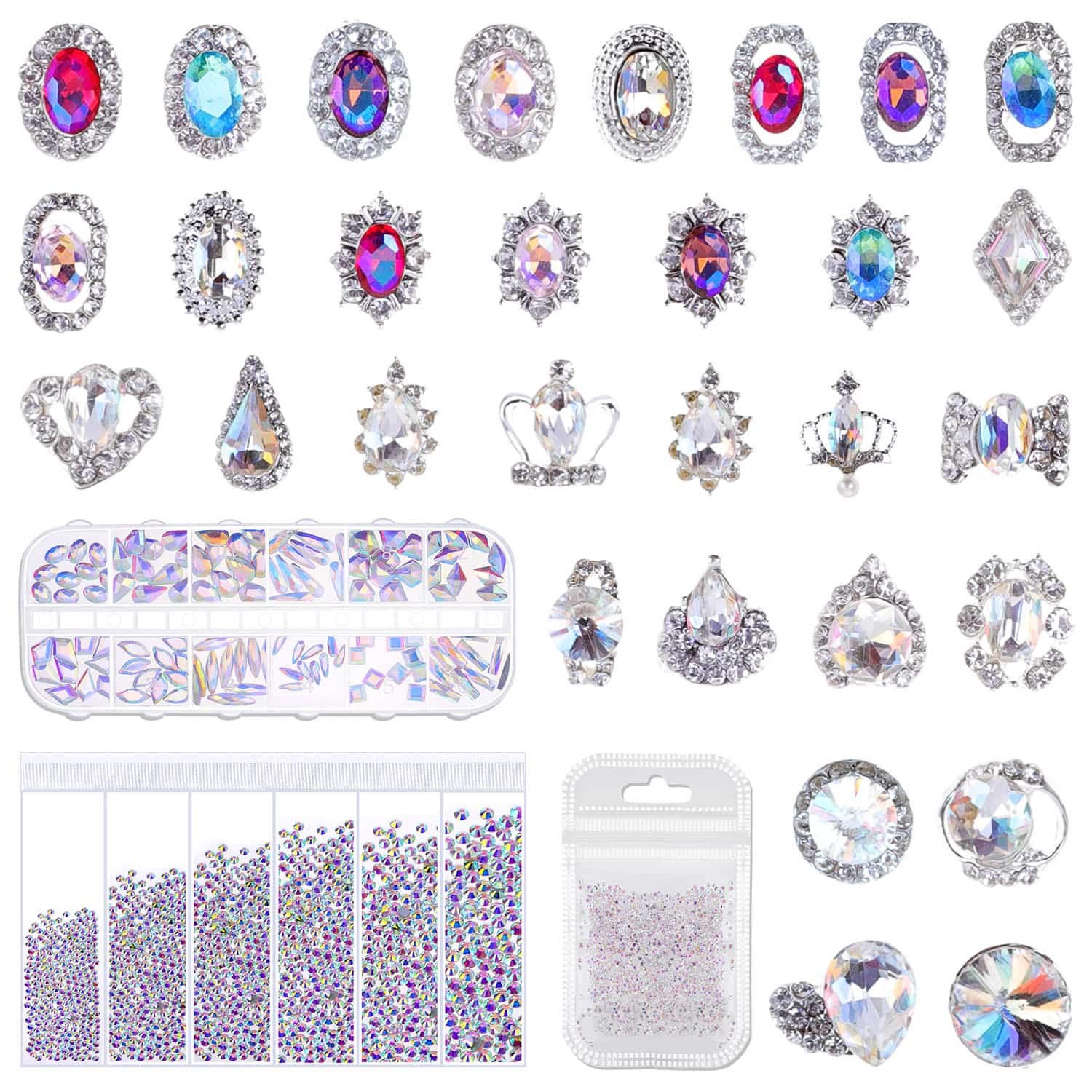 Rhinestones for Nails, Shynek 3318Pcs Nail Art Rhinestones Crystals Diamonds with 30pcs Nail Metal Gems Jewels Stones for 3D Nails Art Decoration and Supplies