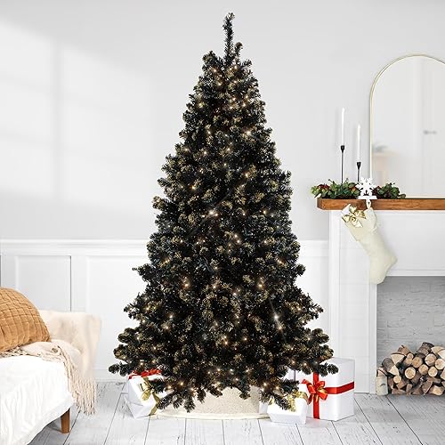Miniatura 2 de Árbol de Navidad artificial de pino de cristal negro con purpurina dorada preiluminado, luces transparentes de 7.5 pies