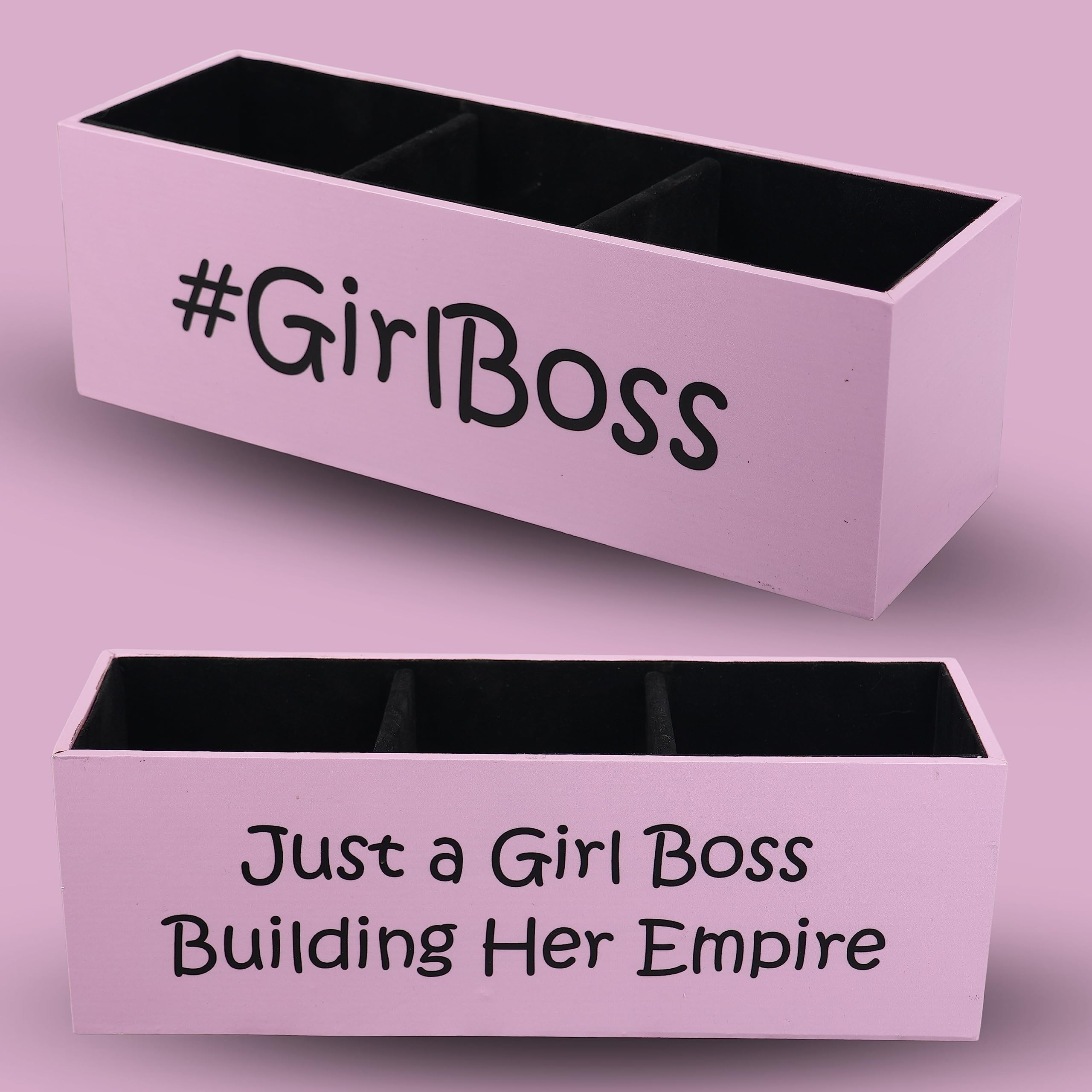 Each and Everything wooden Desk Organizer Pen Pencil Caddy Storage Box For Office, School, Home, Table Organizer & Art Supplies Accessories With Four Slots (Girl boss)