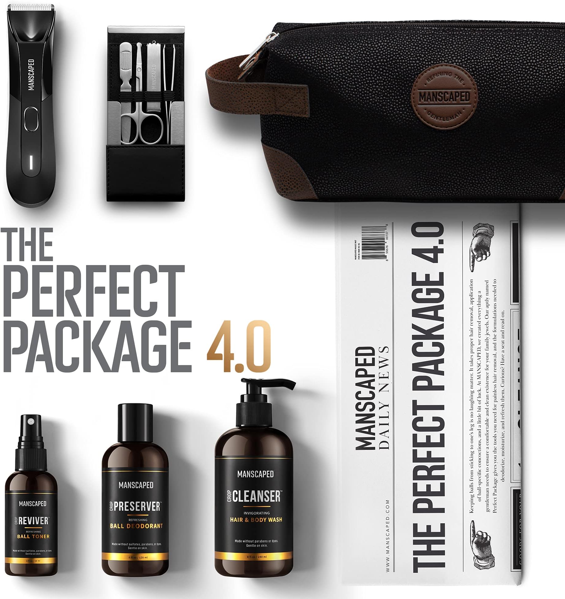 MANSCAPED® Perfect Package 4.0 Kit Contains: The Lawn Mower® 4.0 Electric Trimmer, Ball Deodorant, Body Wash, Performance Spray-on-Body Toner, Four Piece Luxury Nail Kit, Toiletry Bag, 3 Shaving Mats
