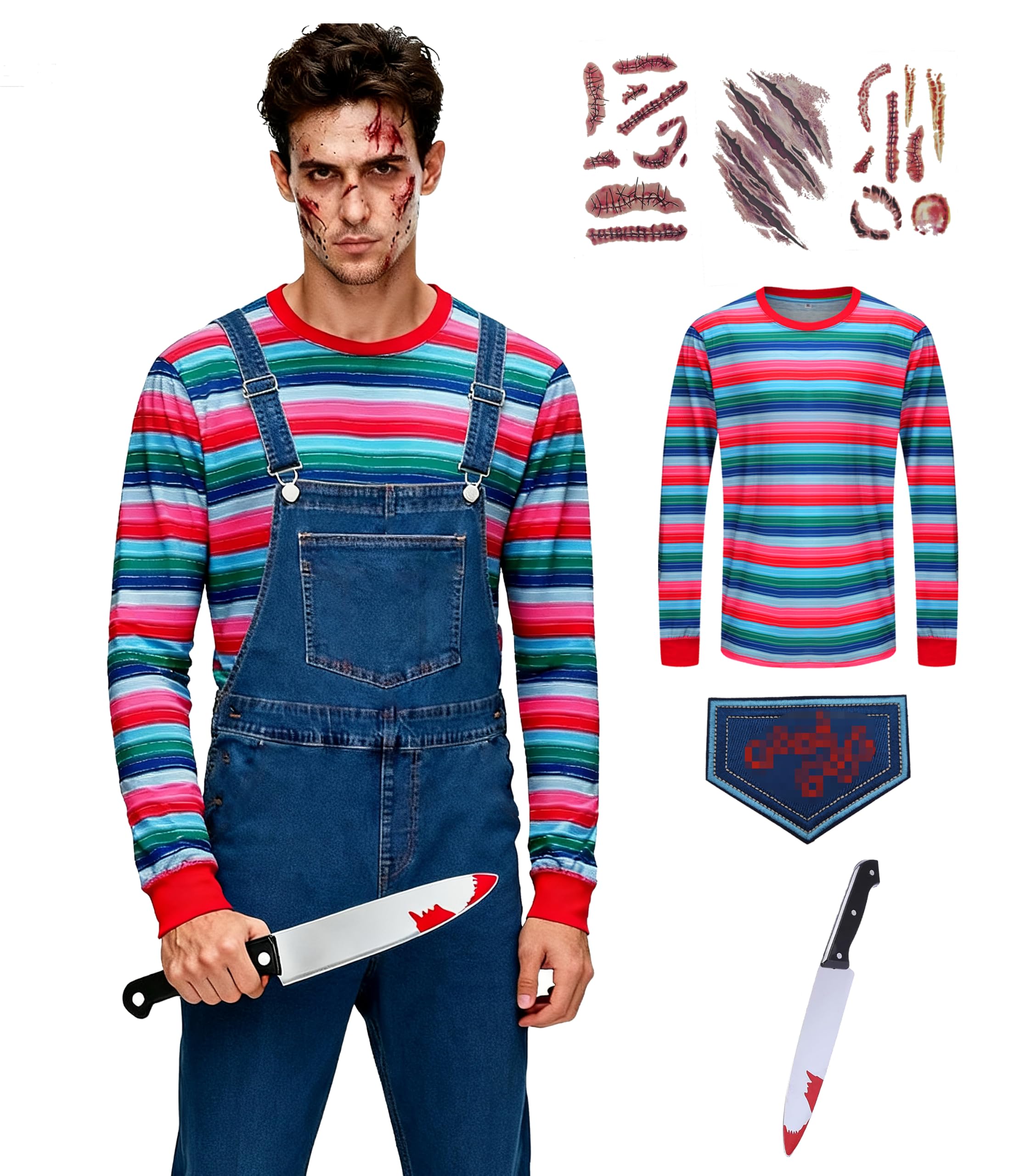 Tuoweey Halloween Costume for Men Horror Rainbow Striped Tee Casual Long Sleeve Shirt Tops, Striped-c, S
