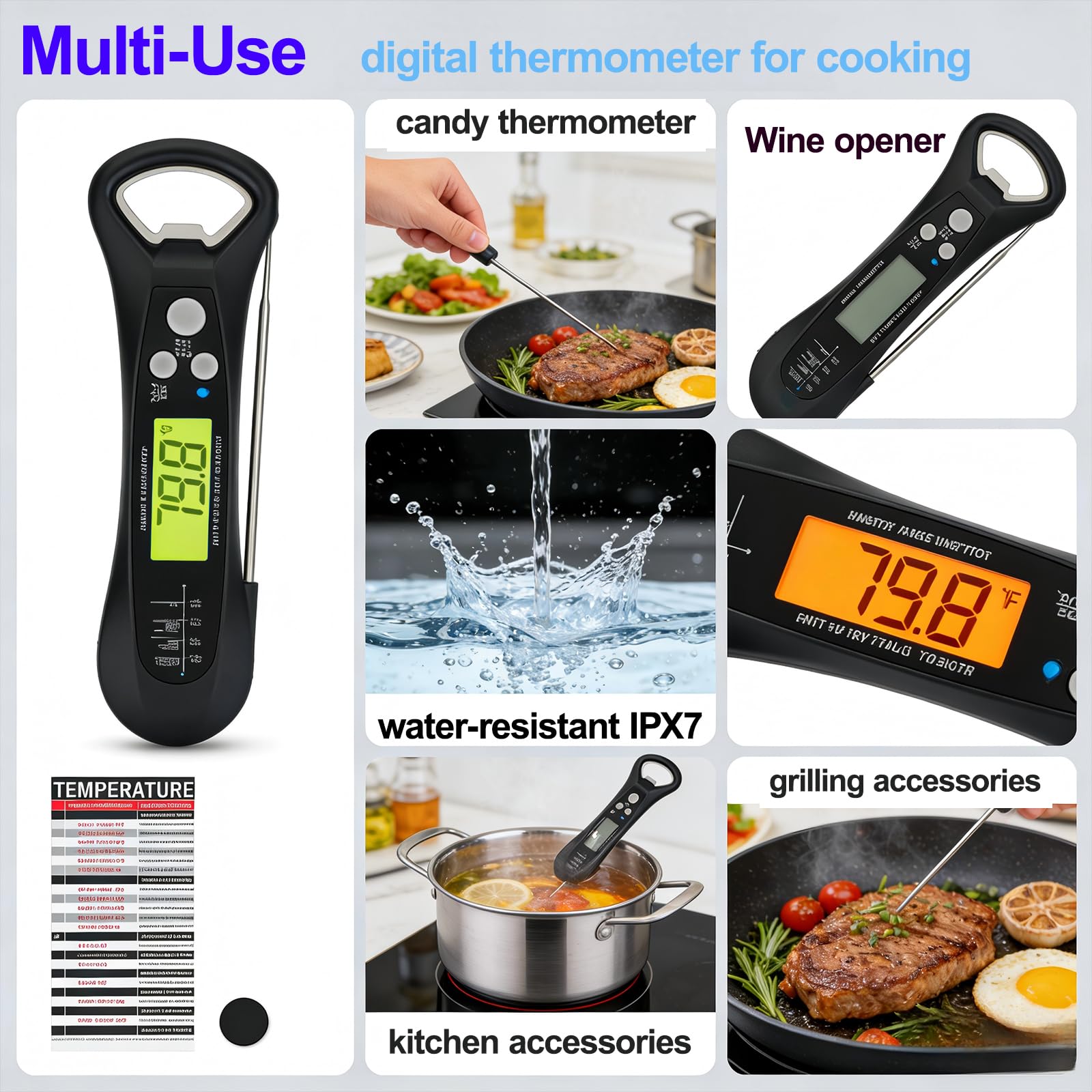 Termometro digitale a lettura istantanea, impermeabile, per cucinare, cuocere al forno, latte e liquidi, con schermo LCD retroilluminato, lettura istantanea, per cucinare, barbecue, friggere