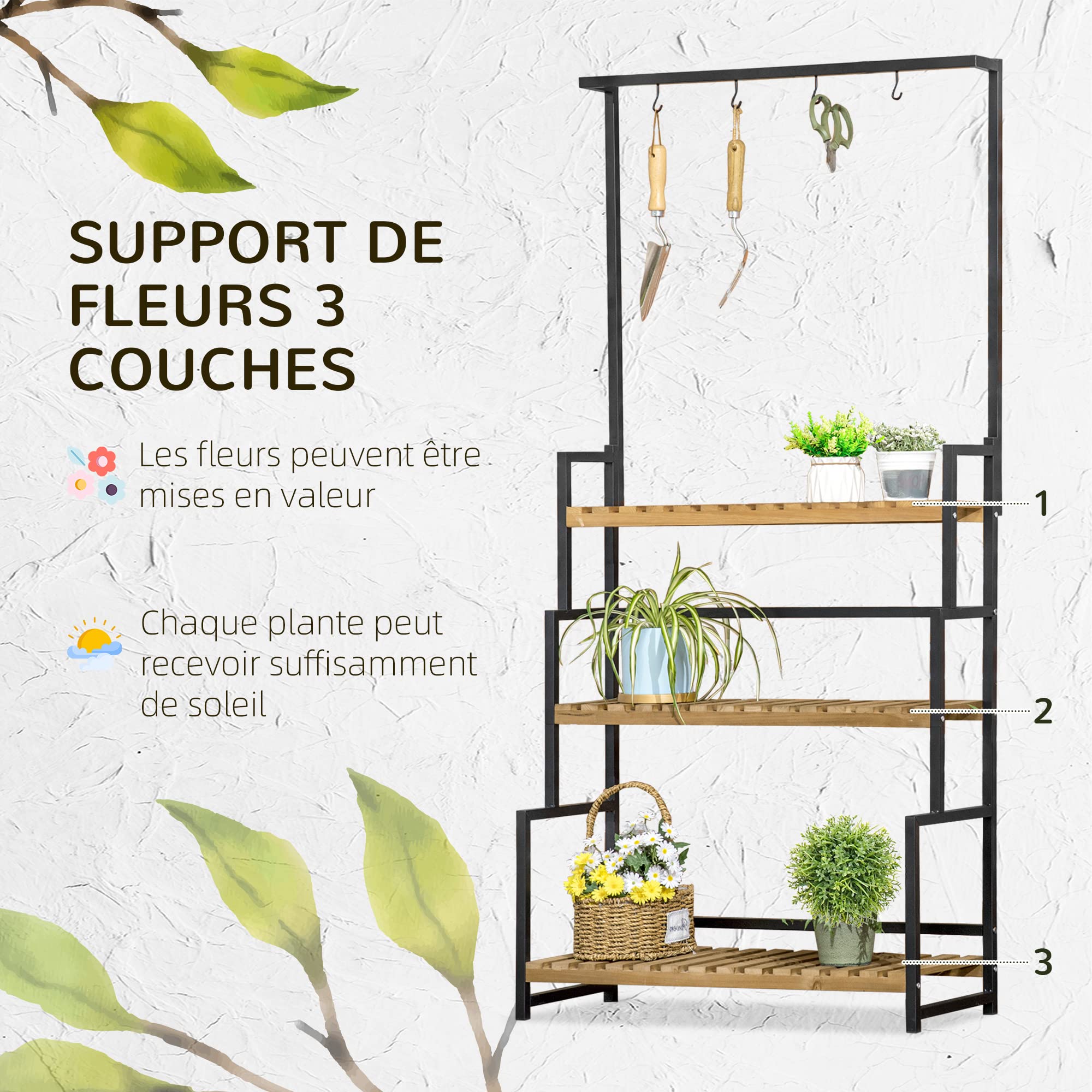 Outsunny Porte Plante Suspendue en Bois 3 Niveaux Barre Support 80x36x174cm