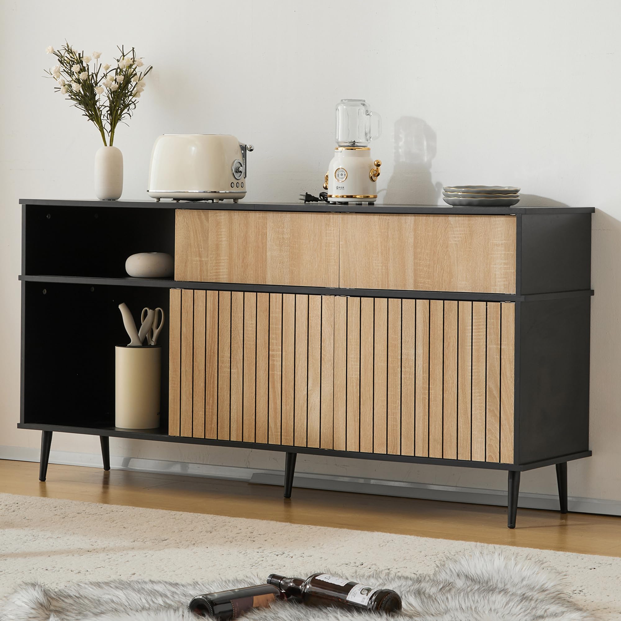 Zepneiy Cassettiera 160 x 40 x 80 cm con 4 ante scorrevoli e 1 cassetto, rovere+nero