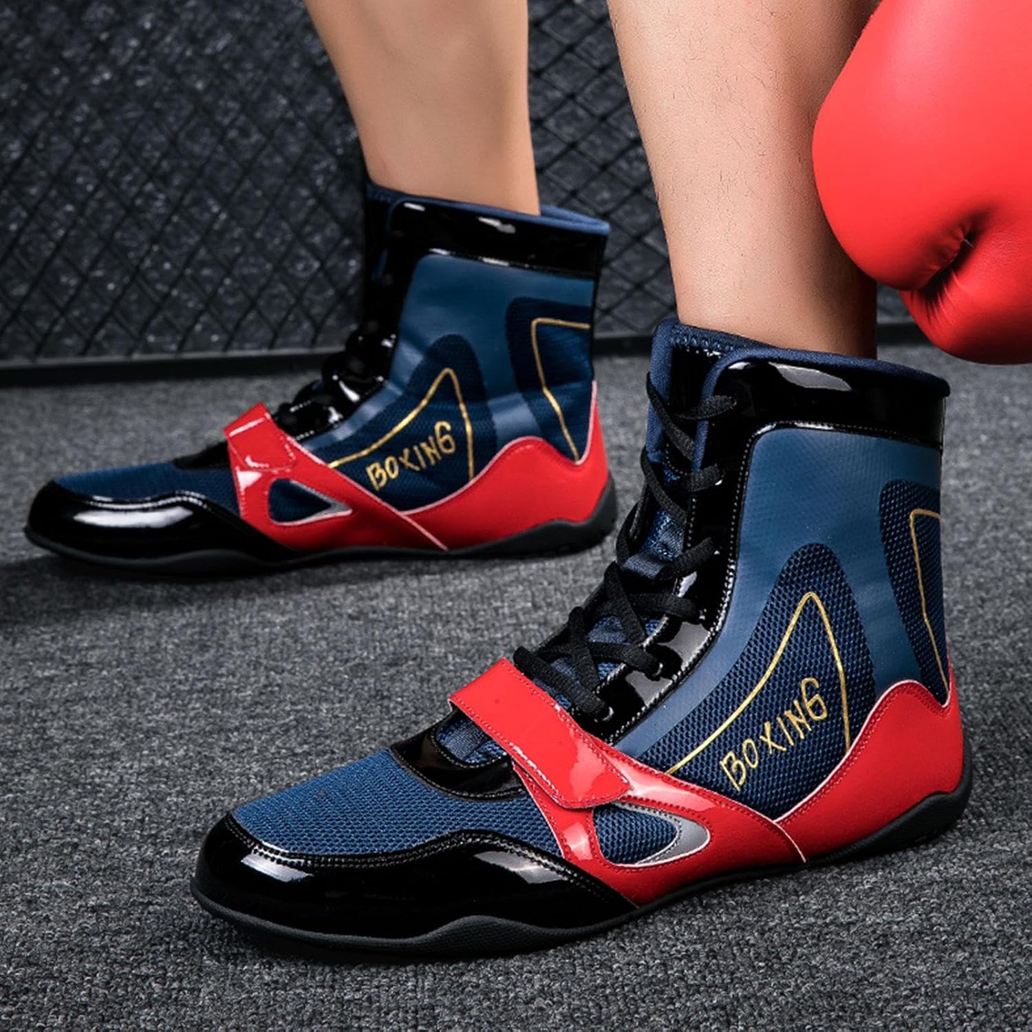 TECDOTO Men Wrestling Shoes Boxing Shoes Professional Training Wear Boxing Boots Non Slip Ankle Guard Combat Training Sneaker,Blue-10