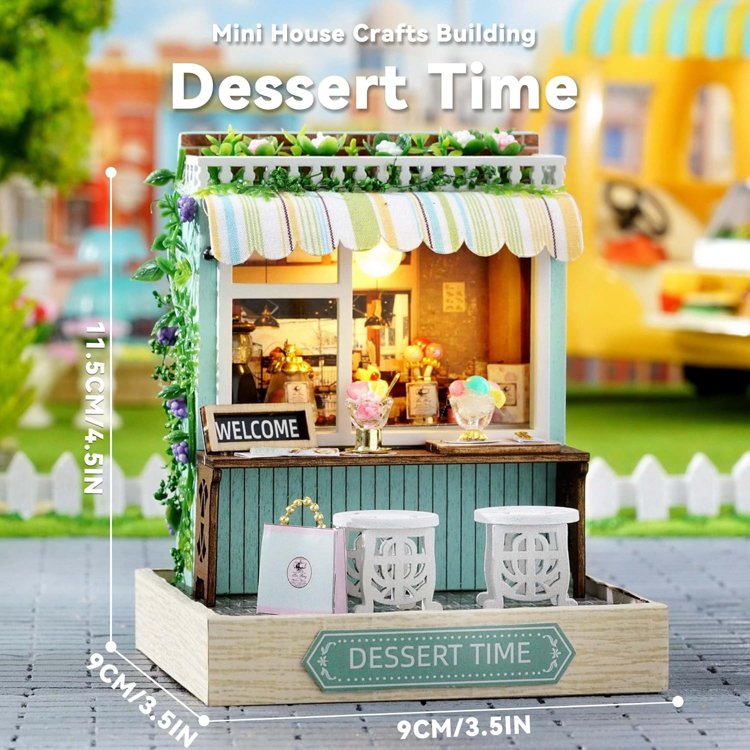 Dimensions of the miniature dessert shop, showing its length, width, and height.