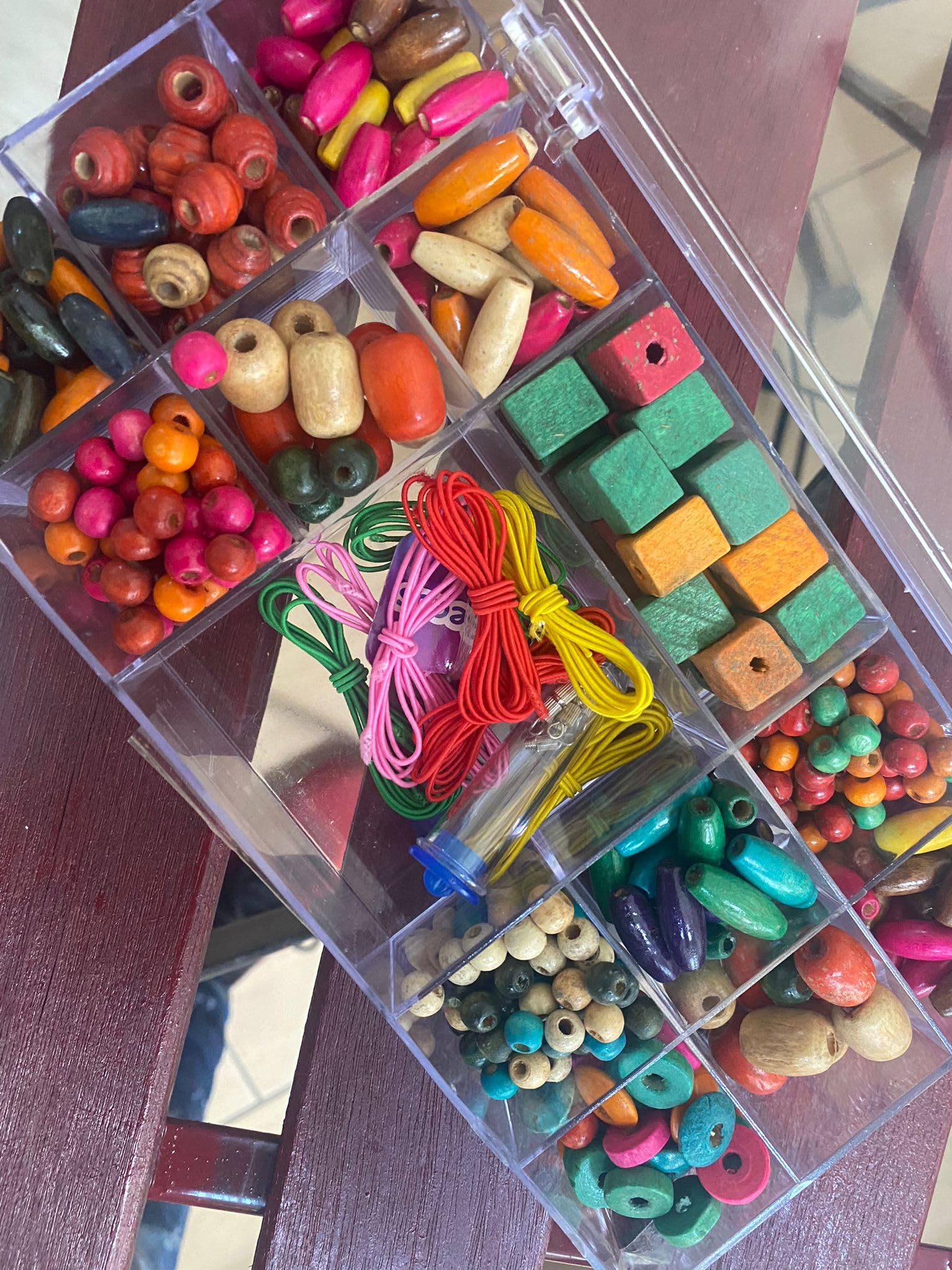 Wooden Beads Colourful Craft Beads Made of Wood Set including Ribbons and Clasps in Storage Box - Image 3