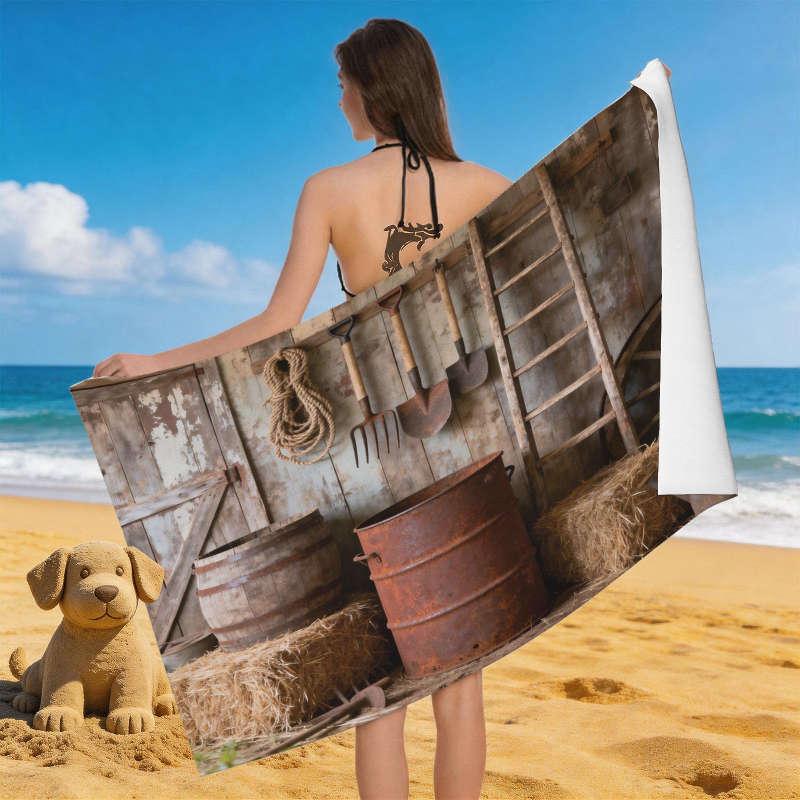 Leichong 3D Rustic Beach Towel Large Microfiber Soft Quick Dry for Adults, Rural Style Bath Towel Lightweight Soft Absorbent for Travel Swimming Pool Sports, 180 x 90 cm