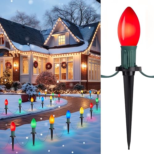 Miniatura 8 de Luces de Navidad C9 para exteriores, 2 paquetes en total de 51.4 pies de luces de camino de Navidad con 40 bombillas LED y estacas, decoraciones de
