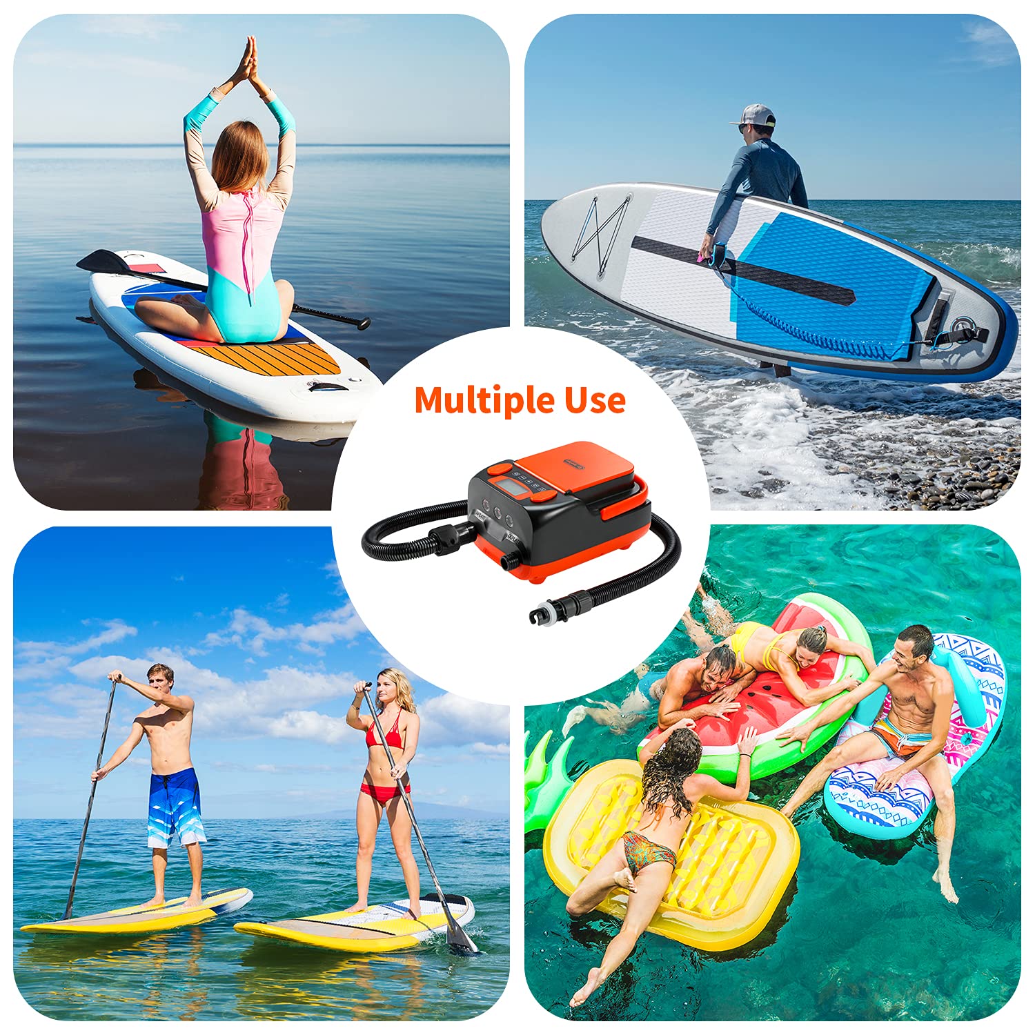 Dr.meter Elektryczna pompa SUP, 6000 mAh, ładowalna, dwustopniowa, automatyczna pompka powietrza z akumulatorem, 2 porty USB, 6 dysz i torba do przechowywania SUP, latawca, namiotu, materaca, kajaków