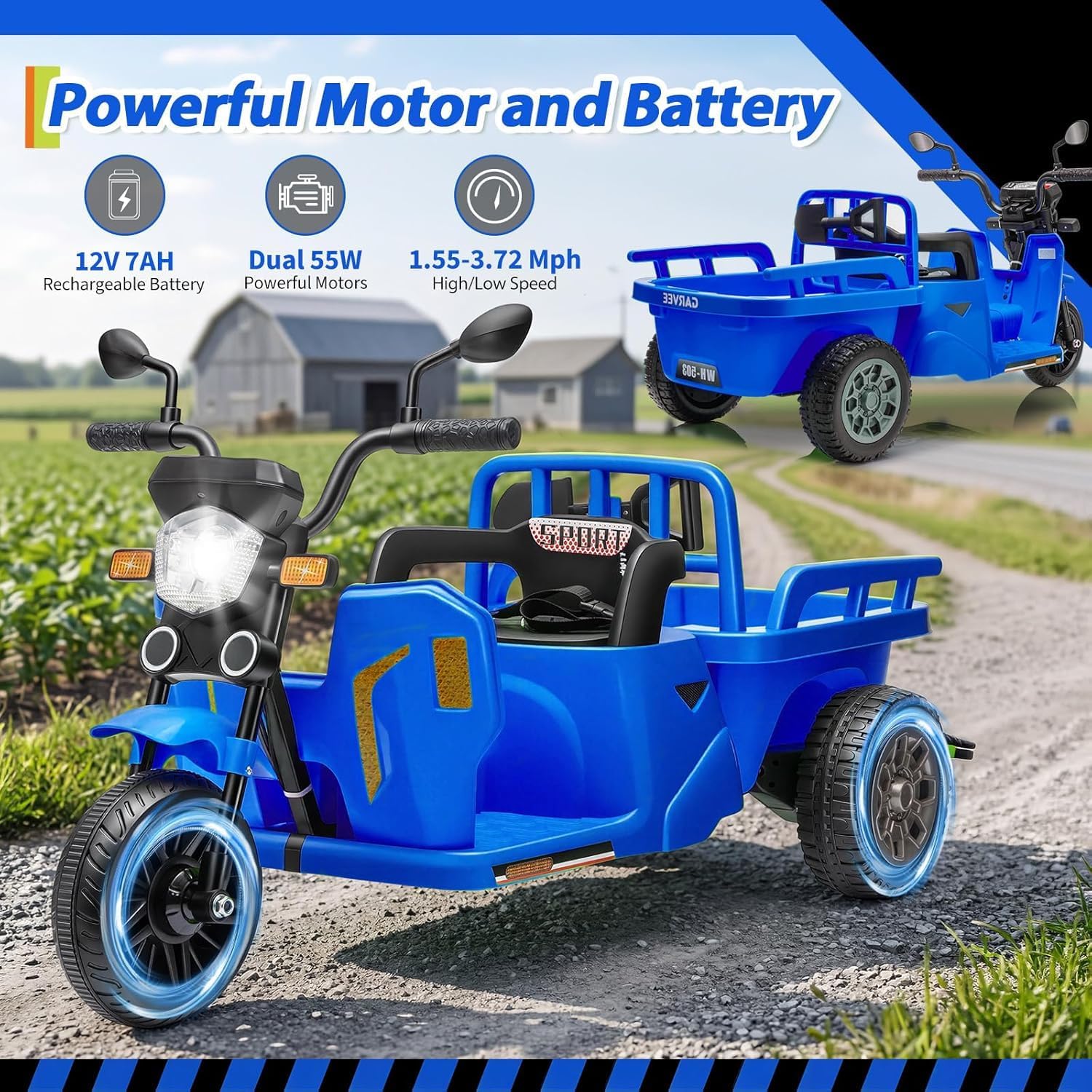 Elektrischer Traktor mit Anhänger 12V, Tuk-Tuk für Kinder, Dreirad, Musik, LED, Hupe – Elektrisches Kinderfahrzeug, Outdoor Spielzeug, 3-6KM/H, Elektro-Trike für Kinder von 3–8 Jahren