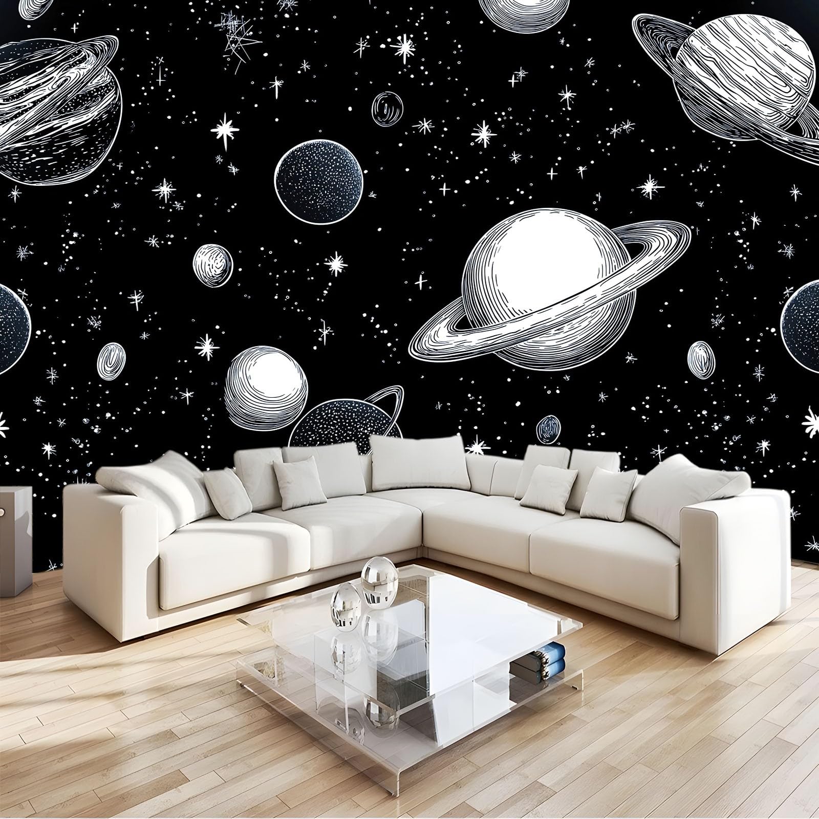 Générique Panoramiczna tapeta kreskówkowa wszechświat planeta czarne gwiaździste niebo, tapeta z włókniny 3D, do pokoju dziecięcego i salonu, dekoracja ścienna XXL, 350 x 256 cm