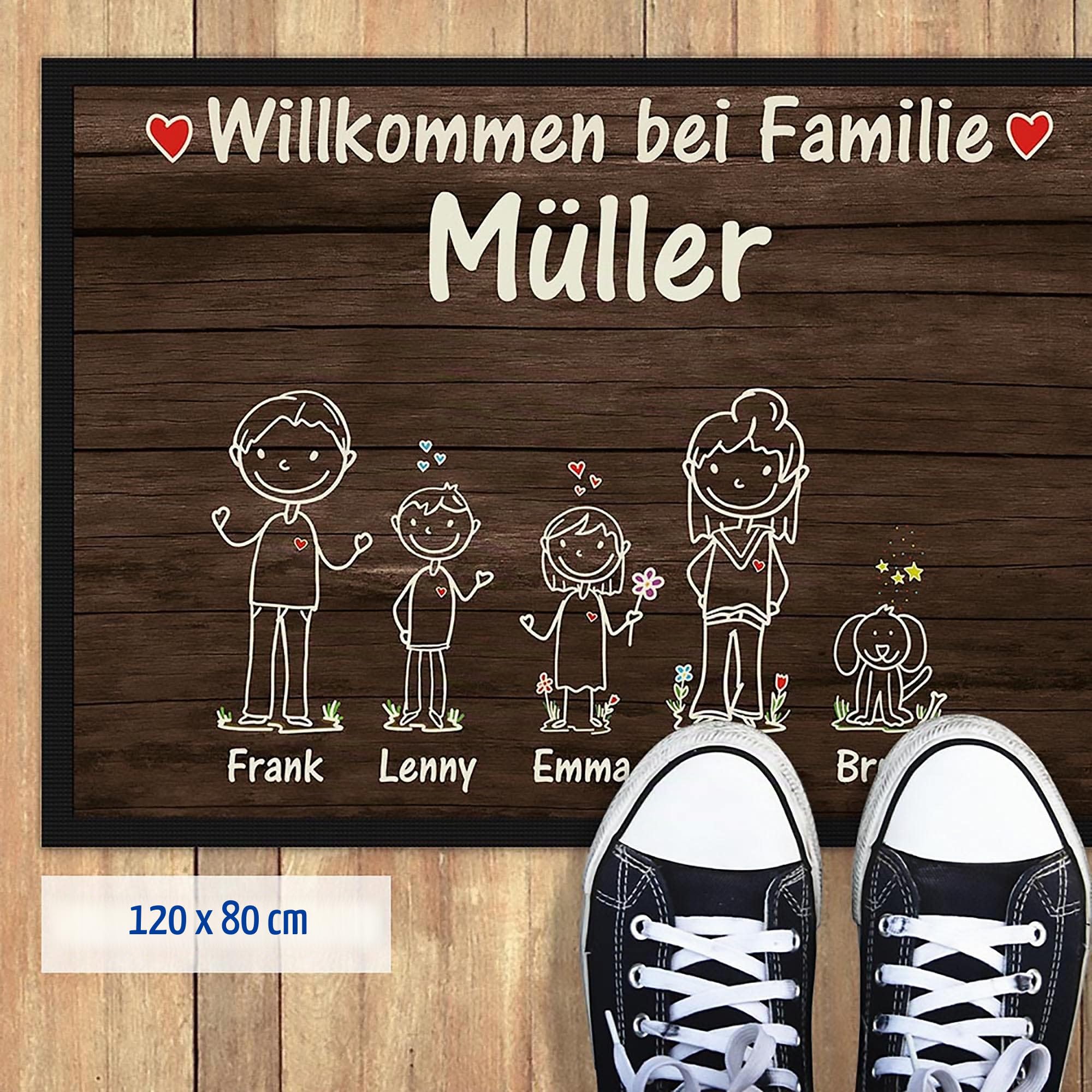 Fußmatte selbst gestalten - Familien Namen 1,2 oder 3 Kinder, Hund, Katze- Willkommen - individuell bedruckt - Strichmännchen, Geschenk Einzug, Richtfest, Geburtstag I Personalisiert, 120 x 80 cm