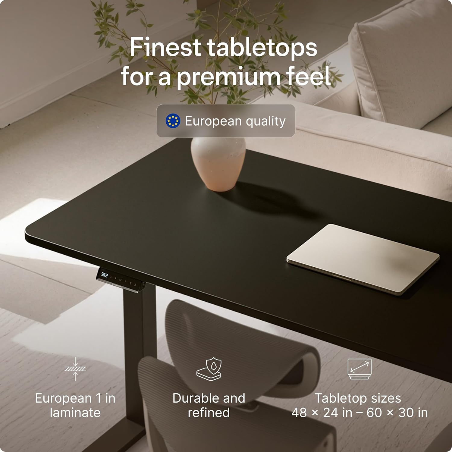 Desktronic HomeOne Standing Desk 48x24 — Ergonomic Sit Stand Home Office Desk, Made in Europe, Electric Dual Motor Height Adjustable, USB & USB-C Charging, Wobble-Free, Touchscreen, 3 Memory Presets