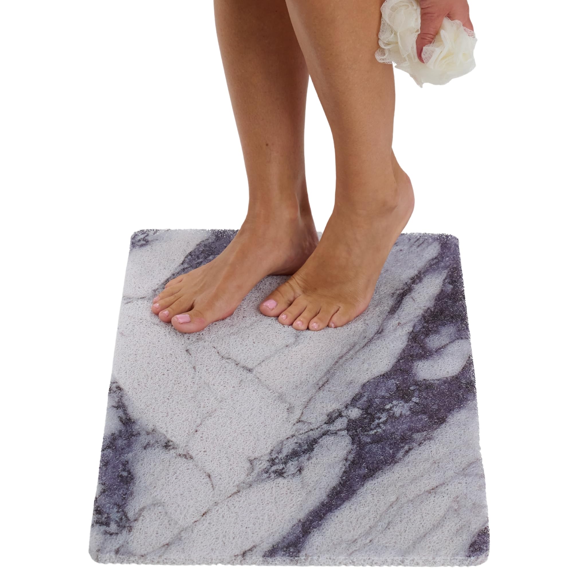 ENKOSI Loofah Non-Slip Shower and Bath Mat - Soft Cushioned Comfort - No Suction Cups for Smooth or Textured Tubs - Fast Draining - Safety for Bathroom, Family, and Elderly (24x16 Marble Grey Blue)