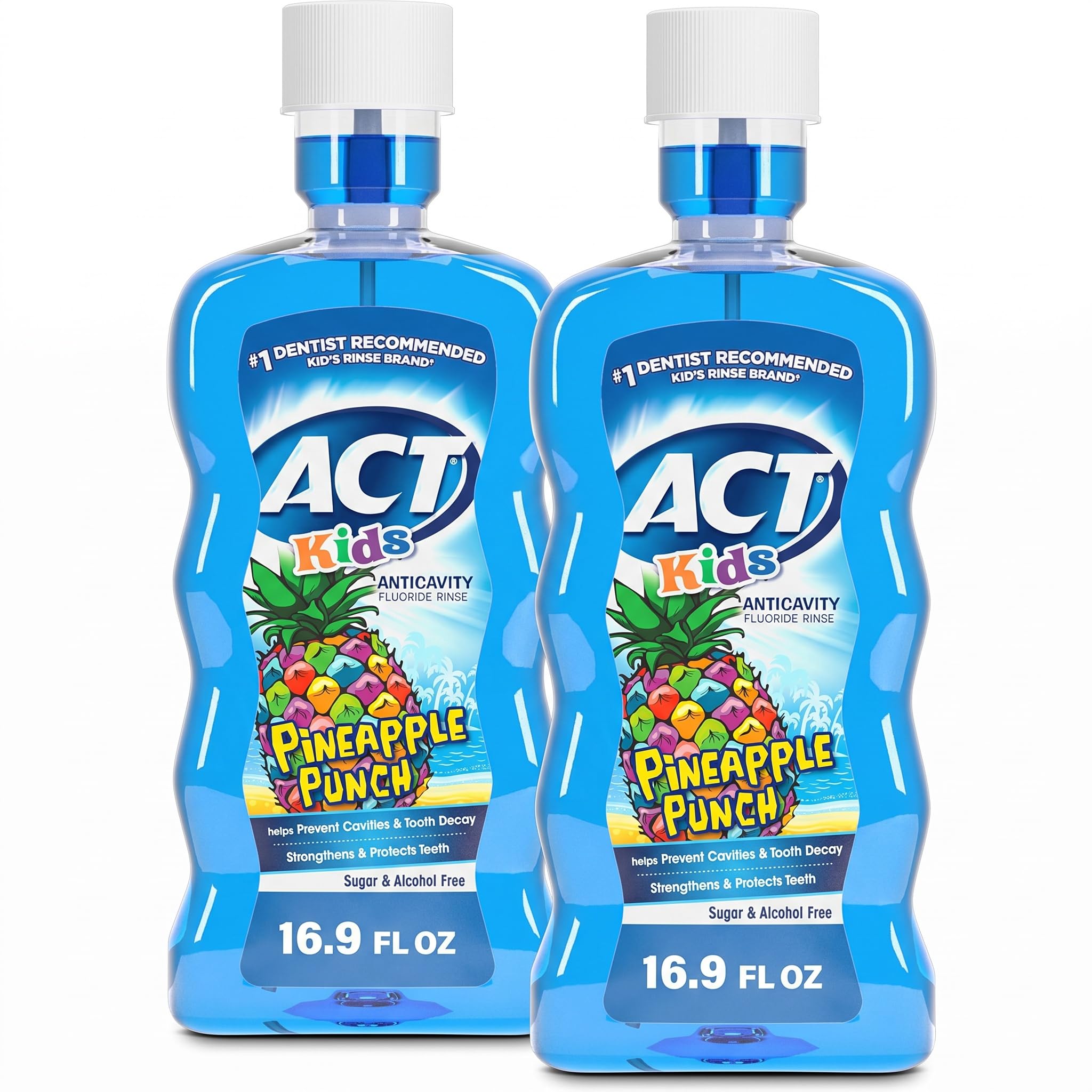 ACT Kids Anticavity Fluoride Rinse Pineapple Punch 16.9 fl. oz. Accurate Dosing Cup, Alcohol Free (Pack of 2)