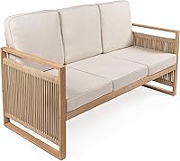JONATHAN Y SFB1002A Gable 3-Seat Mid-Century Modern Acacia Wood Outdoor Sofa with Cushions, Beige/Light Teak Patio Furniture