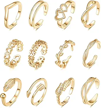 12PCS 14K Gold Plated Adjustable Toe Rings for Women Flower Arrow Band Open Tail Ring Women Beach Foot Jewelry Set