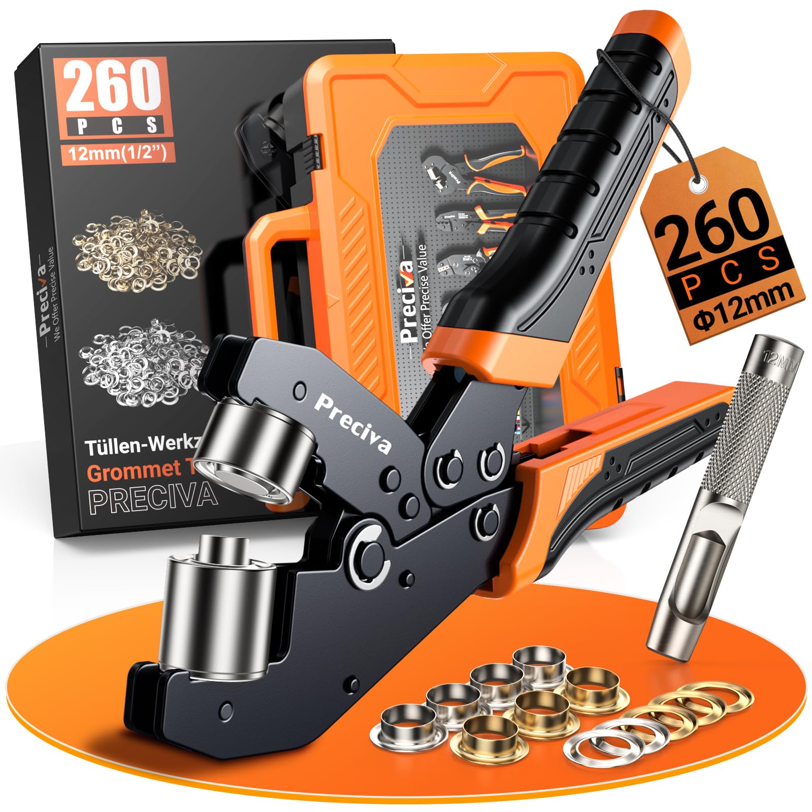 Preciva Ösenzange set (Ø 12mm) – Ösenpresse bestehend aus 260 Ösen (gold, silber) und Stanzwerkzeug – ideal für Planen, Banner, Vorhänge und ähnliche Anwendungen