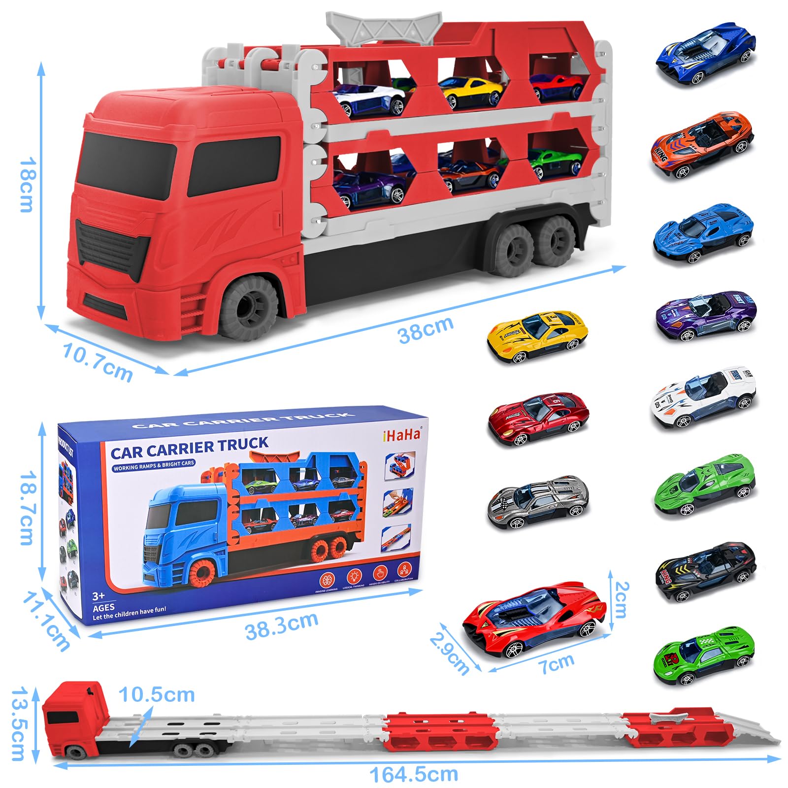 Cugybue Camion Giocattolo per Bambini,Auto Giocattolo Pista Portatile con 12 Auto da Corsa,Camion Macchinine per Bambini Set Giocattolo Veicolo di Trasporto,Rosso