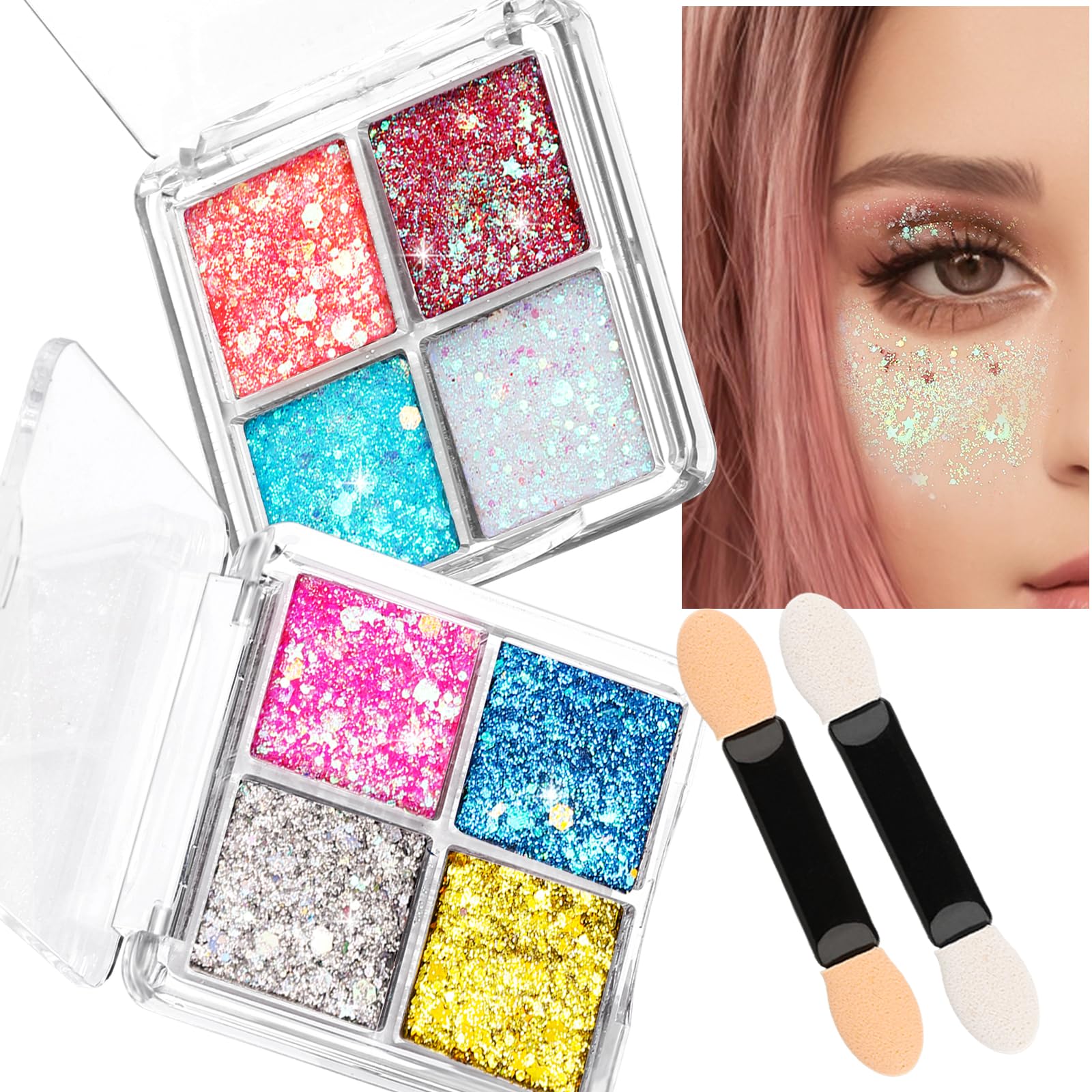 FANDAMEI Face Glitter, Body Glitter for Women, 2PCS 8 Colors Glitter Gel for Face, Hair Glitter for Kids, Fairy Rave Mermaid Makeup