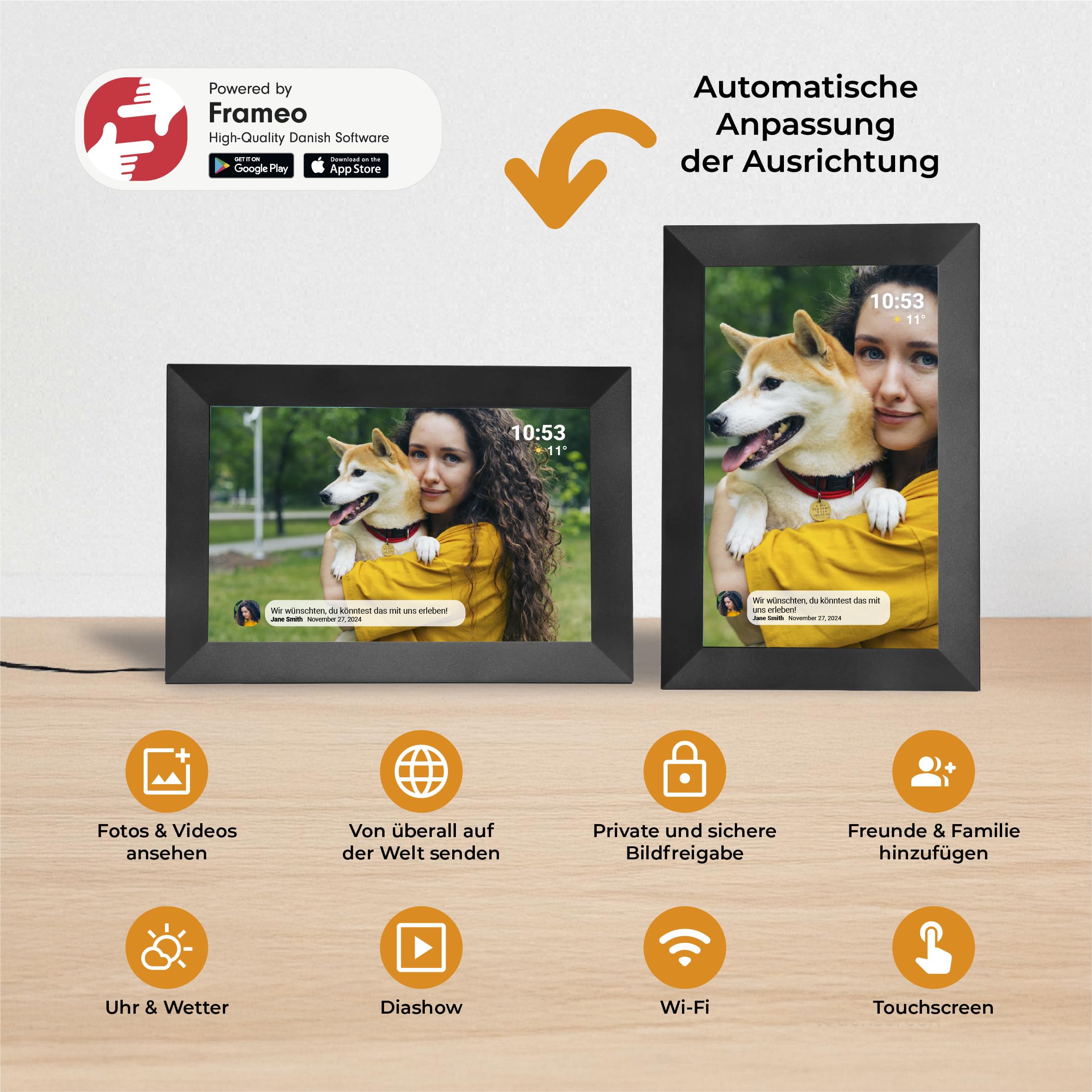 Denver PFF-1024BLACK Digitaler Bilderrahmen 25,7 cm (10,1 Zoll) mit Wi-Fi, Timer, Foto-Software zum Versenden von Fotos von der mobilen App auf den Rahmen (Schwarz, 10.1 Zoll)