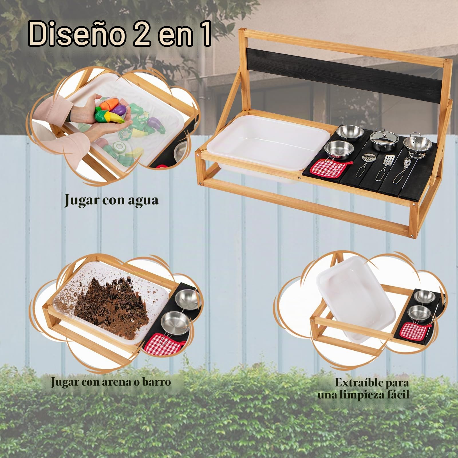 HOMASIS Cocina de Barro y Madera de Abeto Con Pizarra, Fregadero, Accesorios y Paño, Set Infantil de Exterior para Niños de 3+ Años, 81x36x49cm, Natural