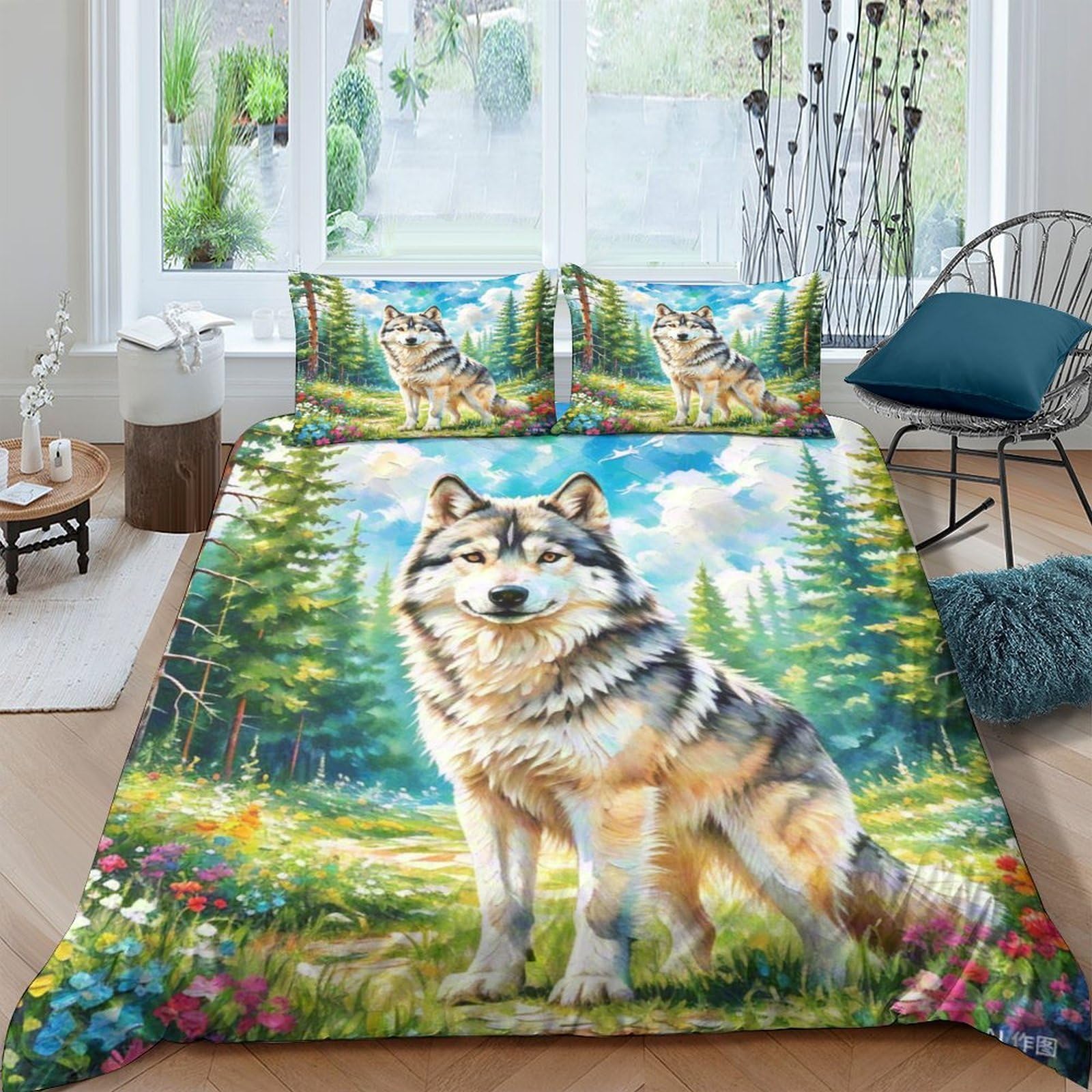 Housse de couette loup 3D 220x240 cm en microfibre avec taies d'oreiller pour lit double