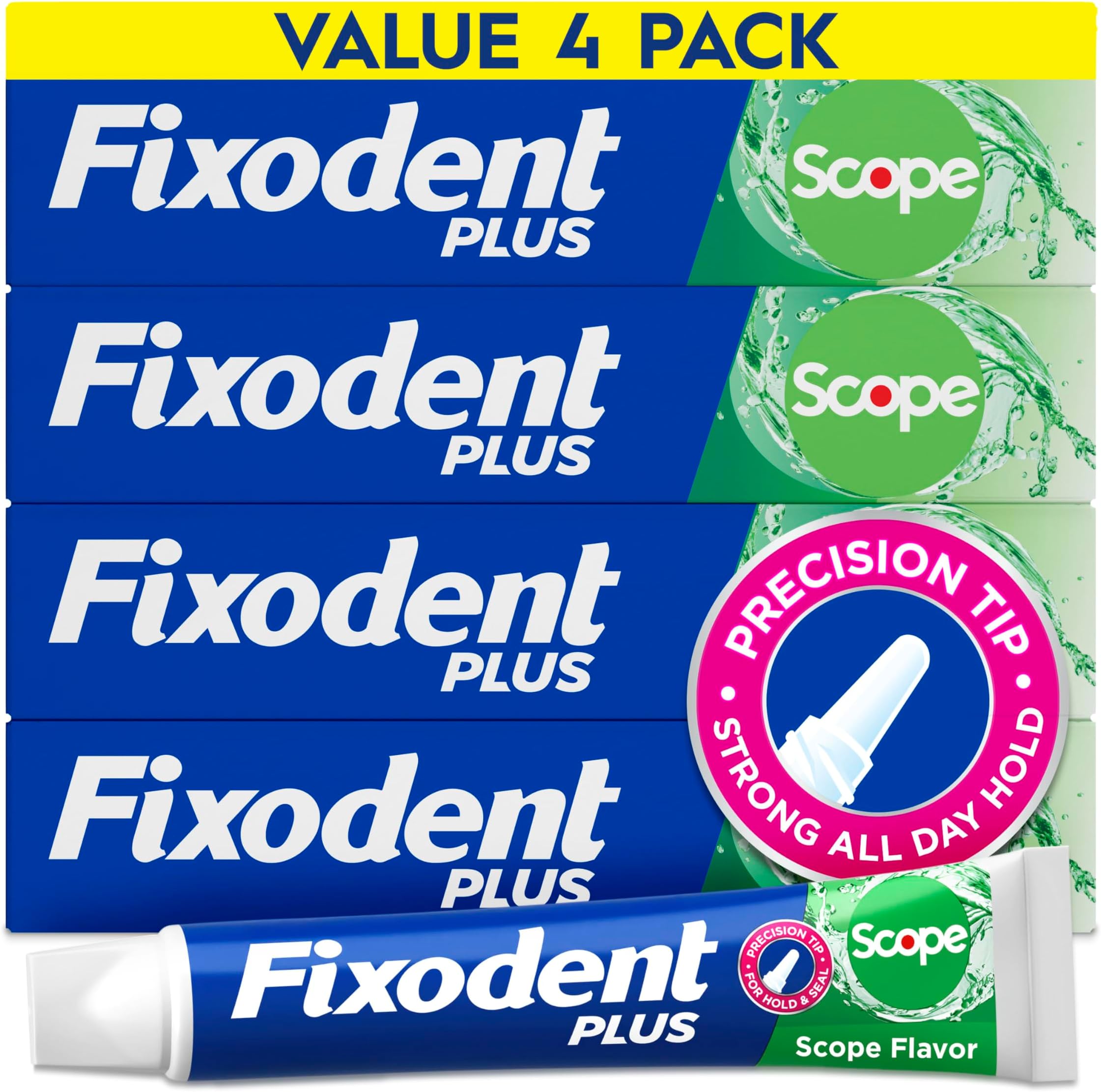 Fixodent Plus Scope Secure Denture Adhesive 2.0oz (Pack of 4) – Blue & Green